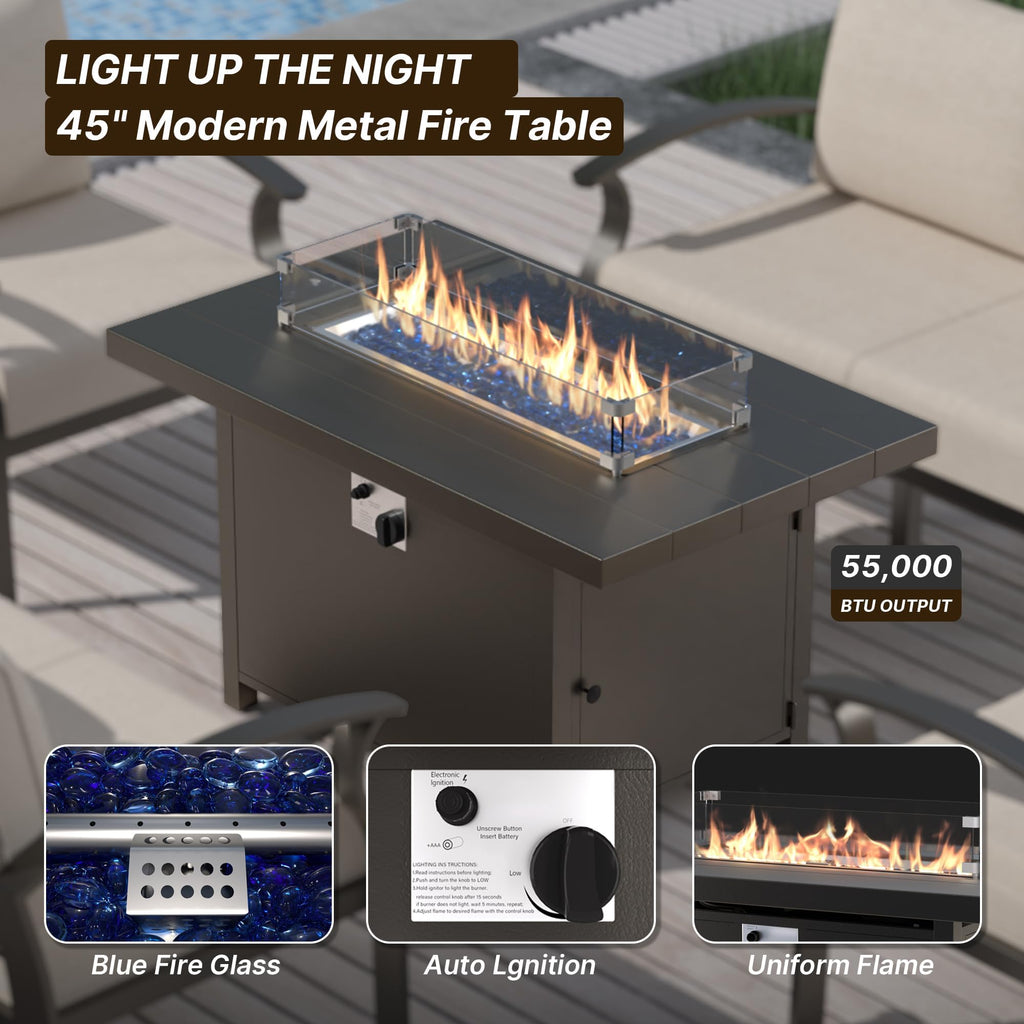 Gotland 8 Seats Outdoor Metal Patio Furniture Set with 2 Swivel Rocking Chairs&55,000 BTU Gas Fire Pit Table w/Glass Wind Guard Patio Conversation Sectional Sofa Sets