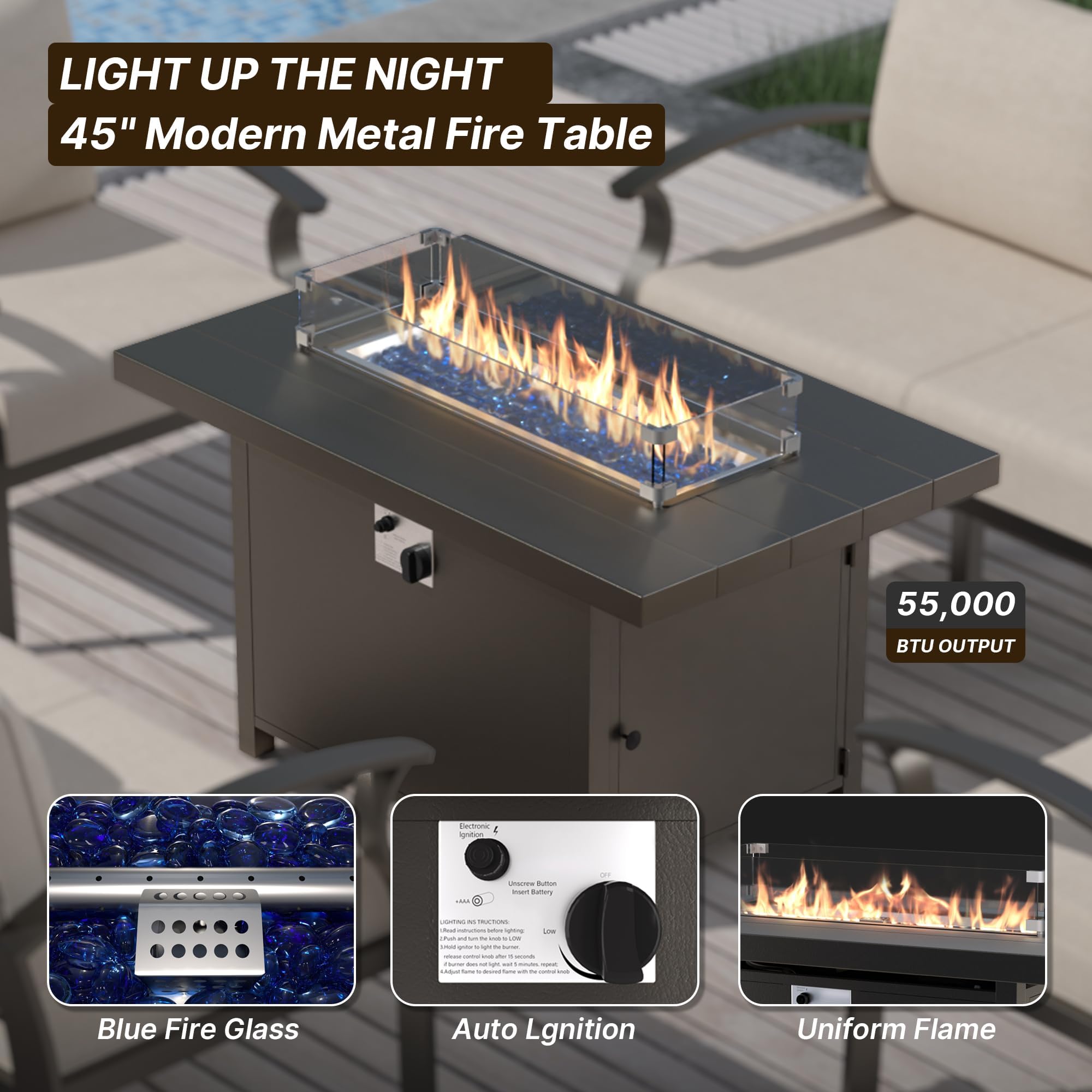 Gotland 8 Seats Outdoor Metal Patio Furniture Set with 2 Swivel Rocking Chairs&55,000 BTU Gas Fire Pit Table w/Glass Wind Guard Patio Conversation Sectional Sofa Sets