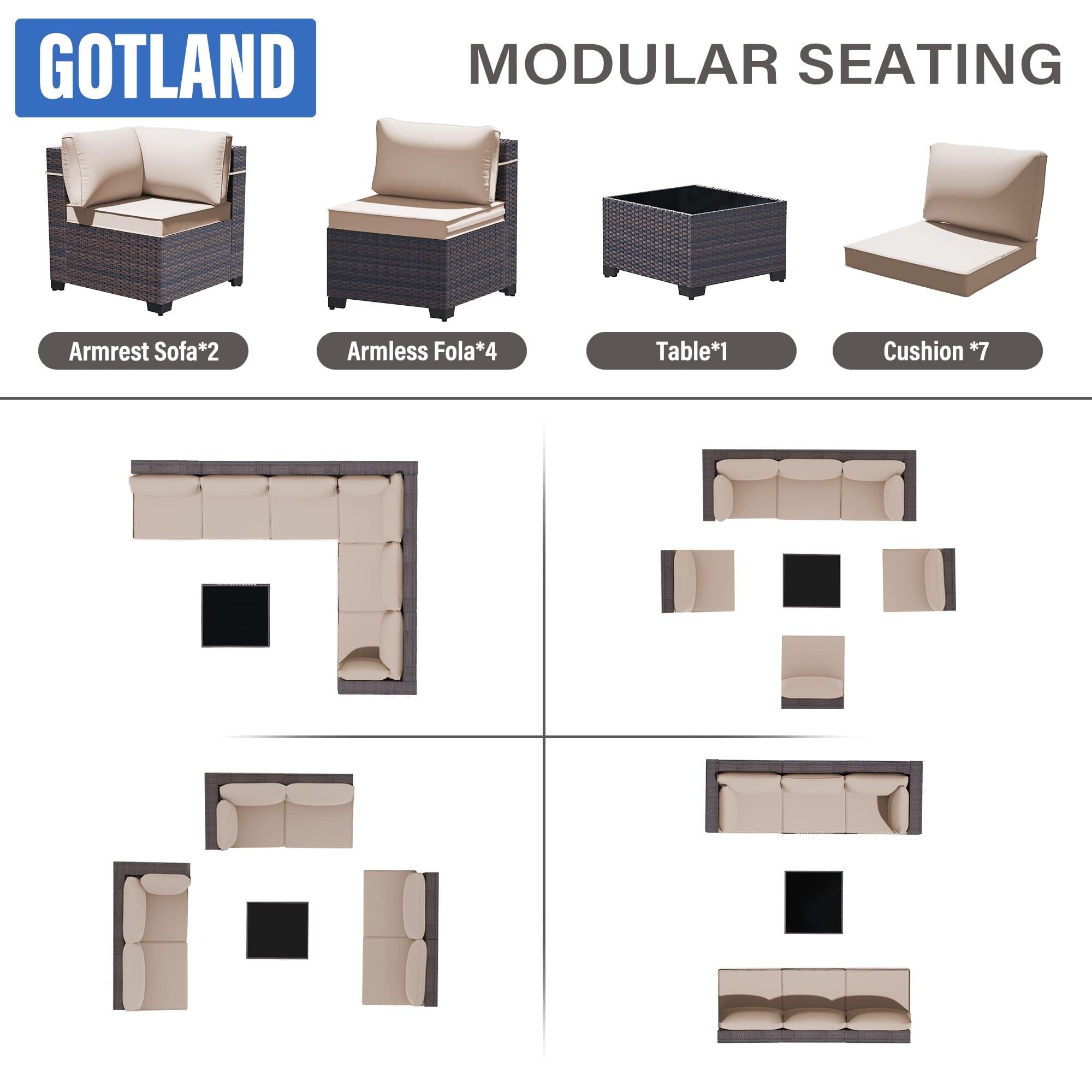 Gotland 7 Piece Outdoor Patio Furniture Sets, Outdoor Furniture Patio Sectional Sofa, All Weather Woven Wicker Patio Sofa Brown PE Rattan Patio Conversation Set