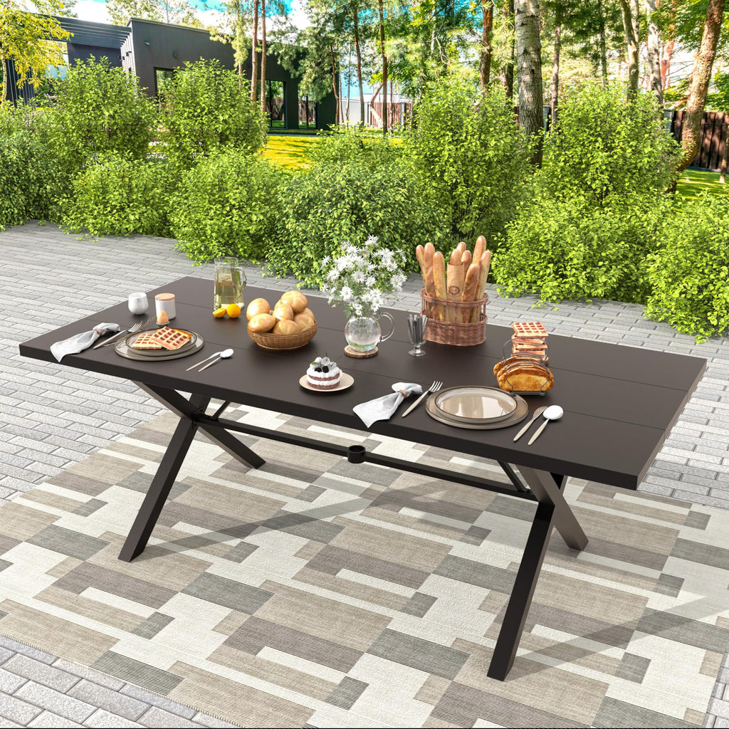 Gotland 14 Piece Outdoor Dining Set, Metal Outdoor Table and Chairs with X-Shaped Legs 1.5" Umbrella Hole, Patio Furniture Set with Waterproof Cushions,for Backyard Deck