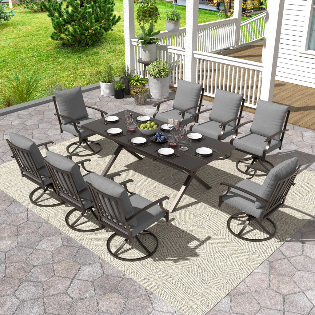 Gotland 9 Piece Outdoor Dining Set, Metal Outdoor Table and 8 Swivel Chairs , Patio Furniture Set with Waterproof Cushions, Patio Dining Sets for Backyard Deck