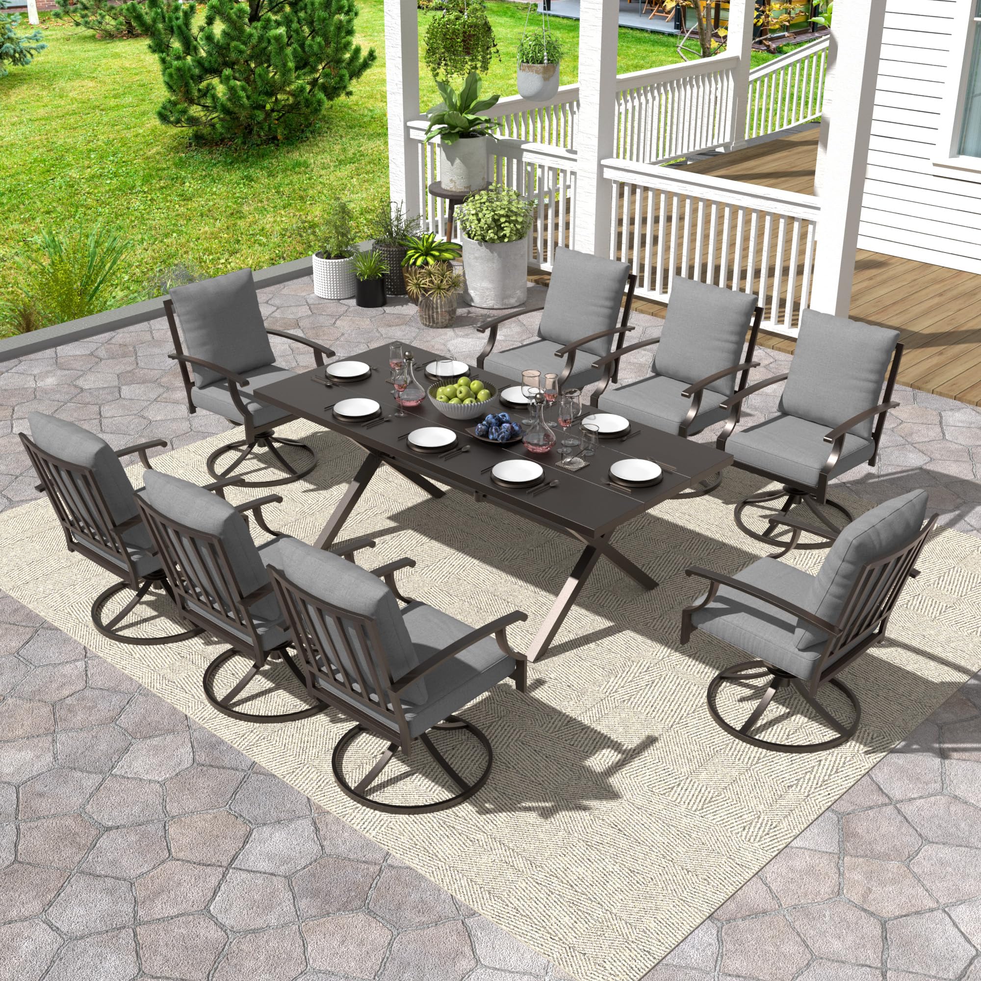 Gotland 9 Piece Outdoor Dining Set, Metal Outdoor Table and 8 Swivel Chairs , Patio Furniture Set with Waterproof Cushions, Patio Dining Sets for Backyard Deck