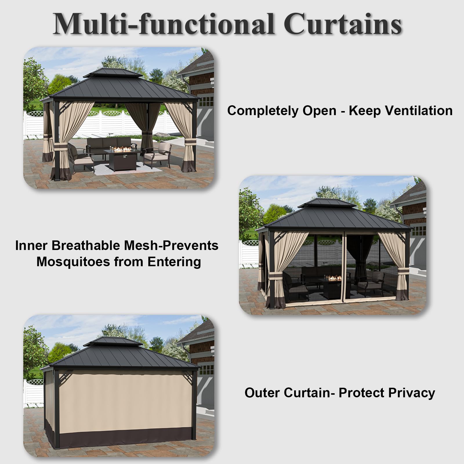 Gotland 12' x 14' Hardtop Gazebo, Outdoor Galvanized Steel Double-Roof Gazebo with Curtains and Netting for Patios, Gardens, and Lawns