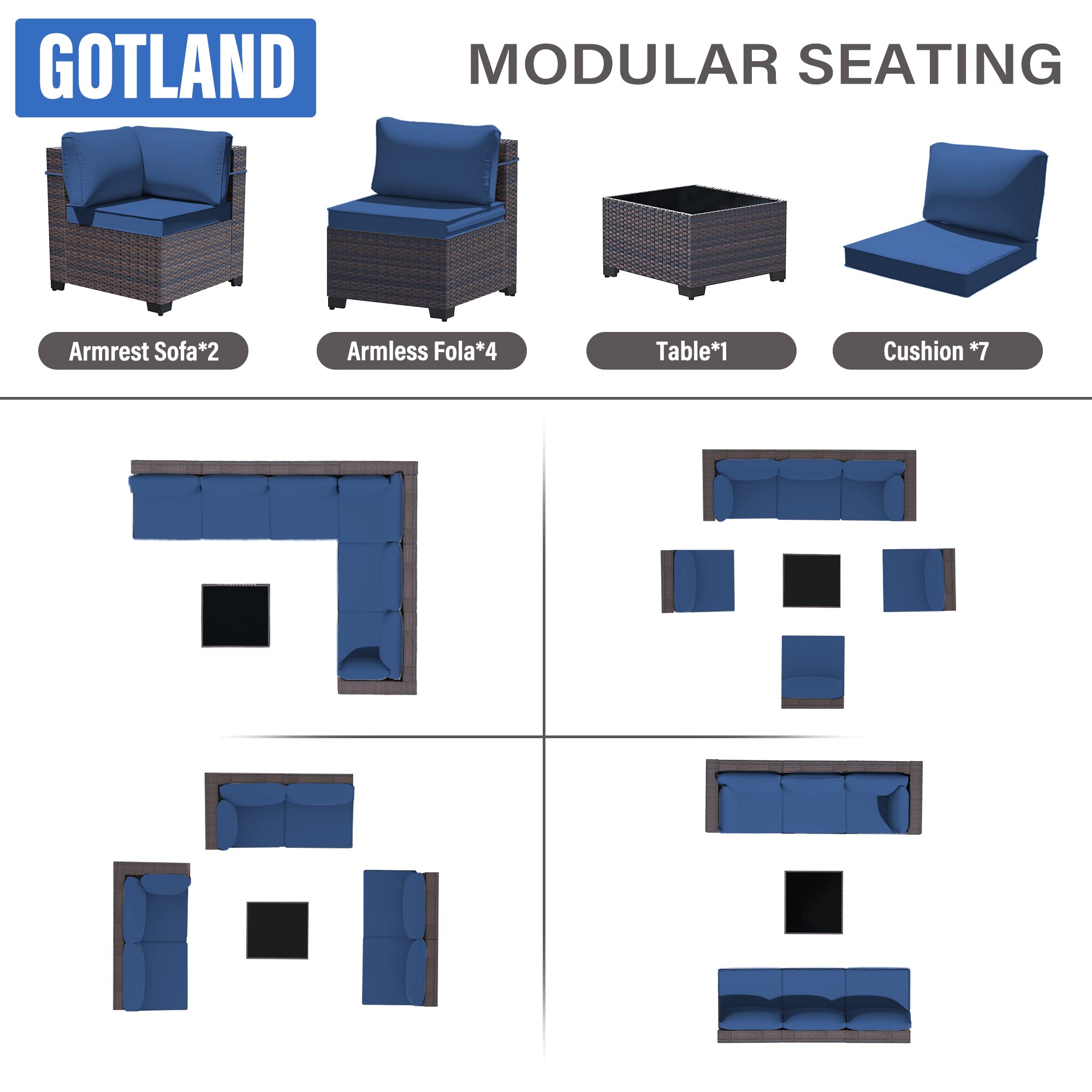 Gotland 7 Piece Outdoor Patio Furniture Sets, Outdoor Furniture Patio Sectional Sofa, All Weather Woven Wicker Patio Sofa Brown PE Rattan Patio Conversation Set