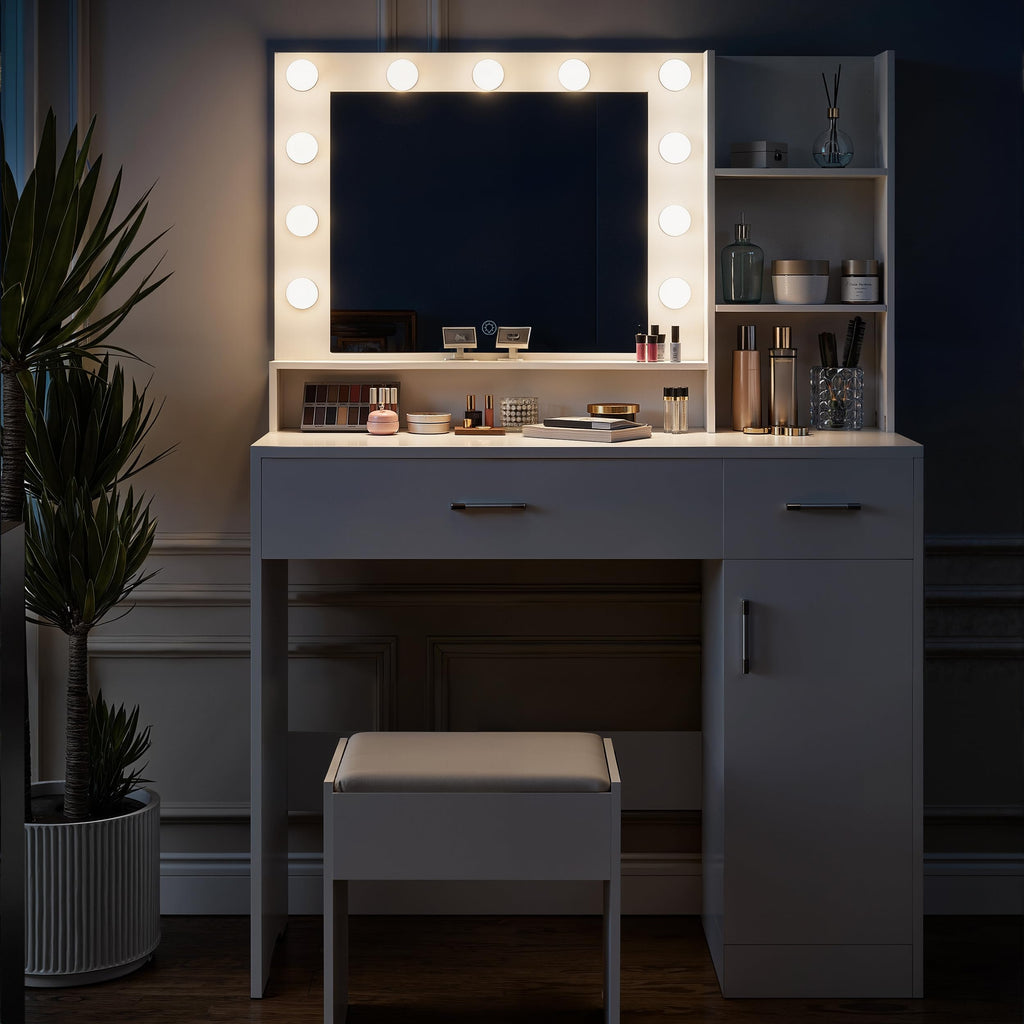 ALAULM 39.4" Vanity Mirror with Lights,Modern Lighted Vanity Table with 3 Drawers & 3 Storage Shelves,with White Vanity Chair,Three Adjustable Lighting Modes,Bedroom Vanity Desk,White