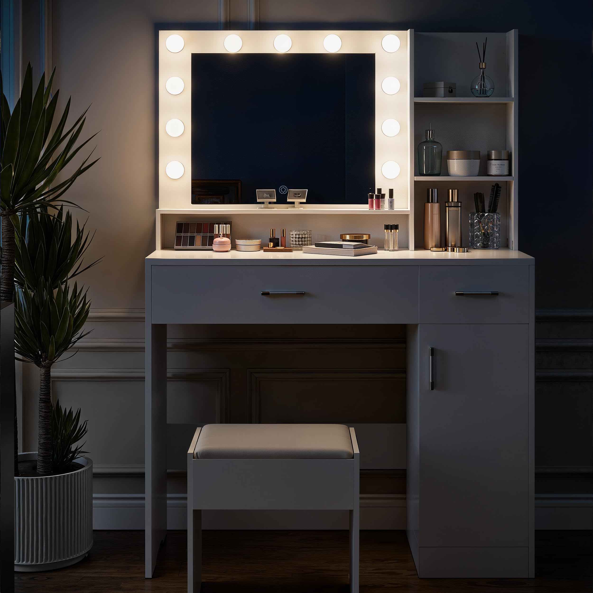 ALAULM 39.4" Vanity Mirror with Lights,Modern Lighted Vanity Table with 3 Drawers & 3 Storage Shelves,with White Vanity Chair,Three Adjustable Lighting Modes,Bedroom Vanity Desk,White
