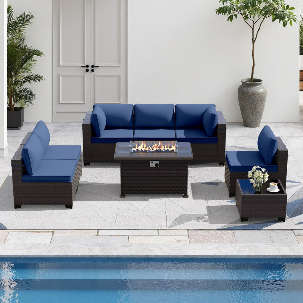 Gotland 8 Pieces Outdoor Patio Furniture Set with 43" Propane Fire Pit Table, PE Rattan Patio Conversation Set