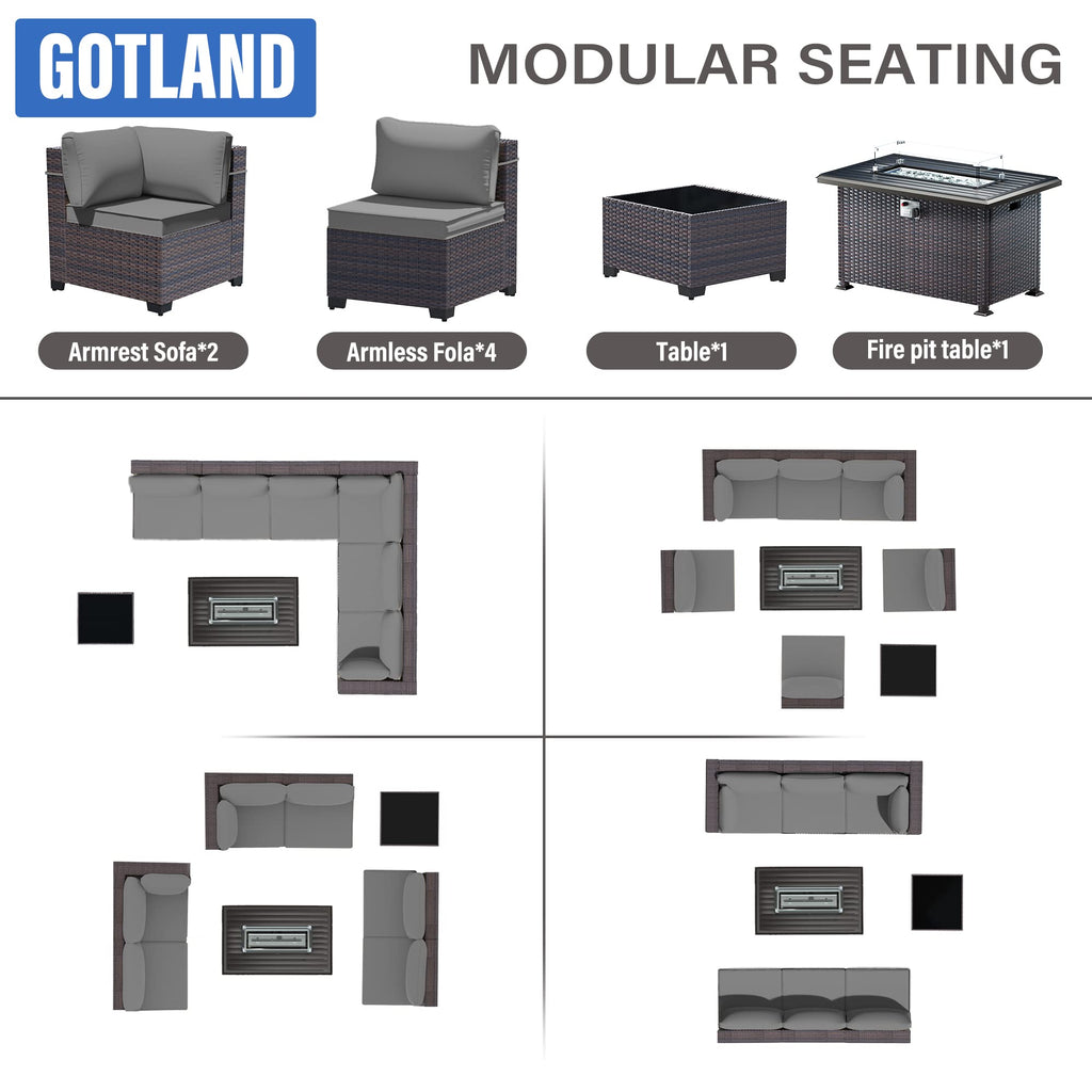 Gotland 8 Pieces Outdoor Patio Furniture Set with 43" Propane Fire Pit Table, PE Rattan Patio Conversation Set