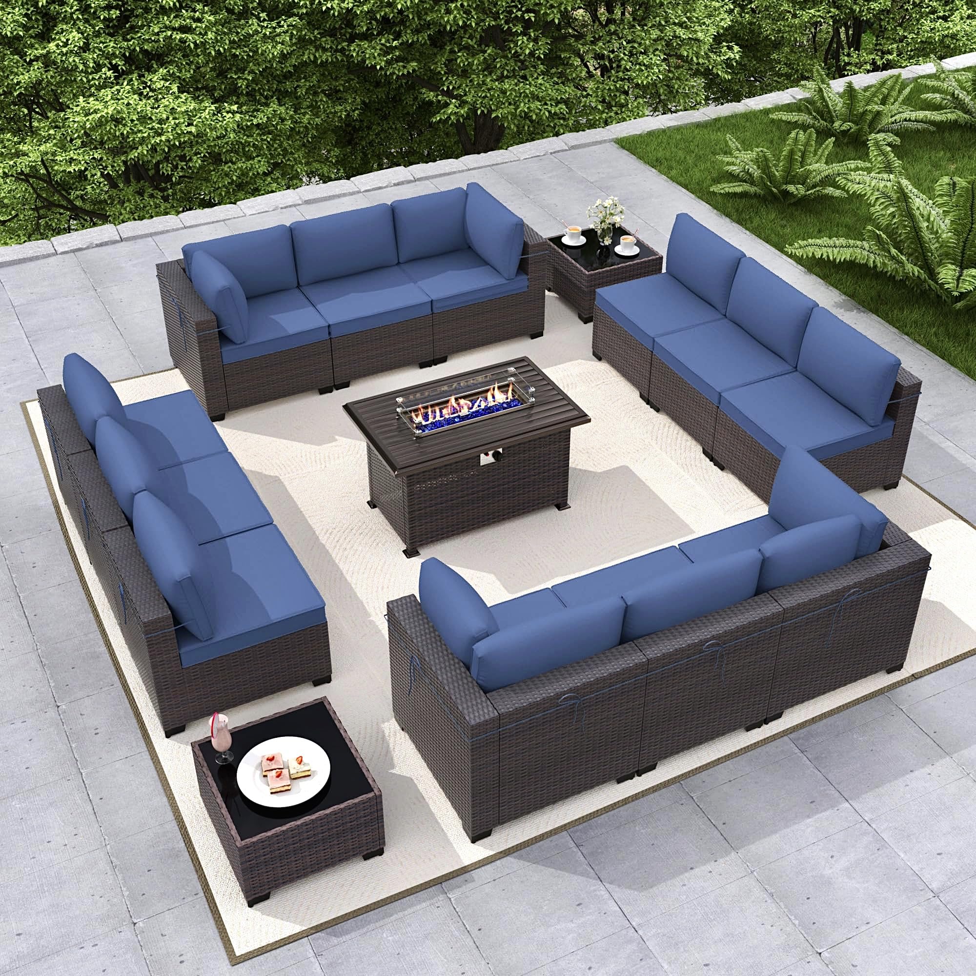 Gotland 15 Pieces Outdoor Patio Furniture Set with Propane Fire Pit Table Outdoor Sectional Sofa