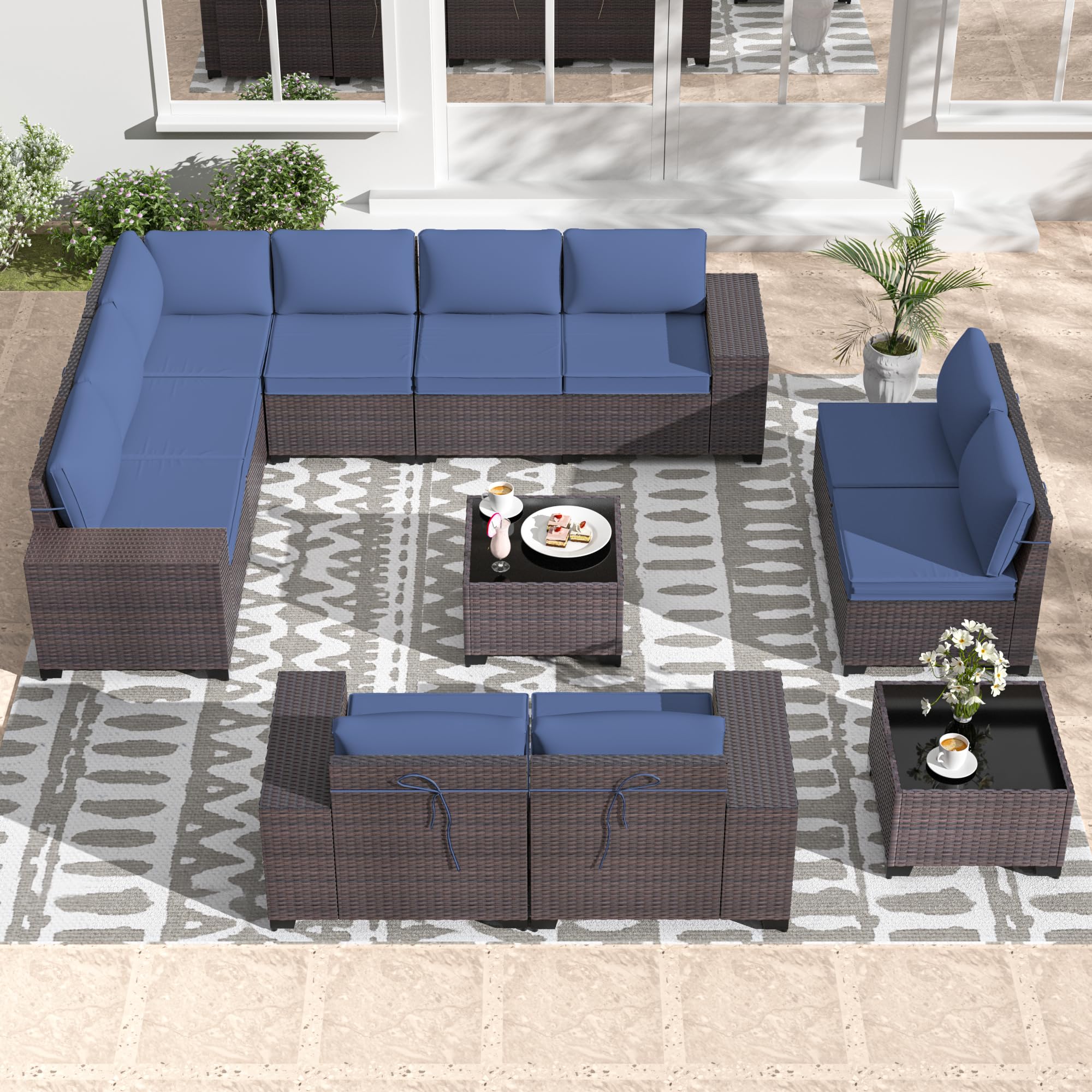 Gotland Outdoor Patio Furniture Sectional Conversation Set 12Pcs Rattan Wicker 10 Cushion Table