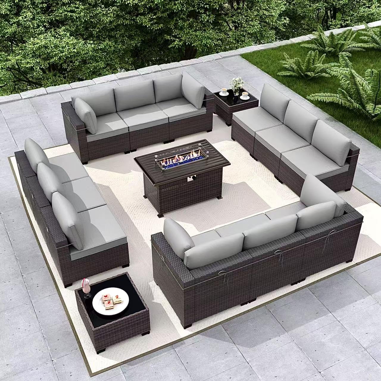 Gotland 15 Pieces Outdoor Patio Furniture Set with Propane Fire Pit Table Outdoor Sectional Sofa