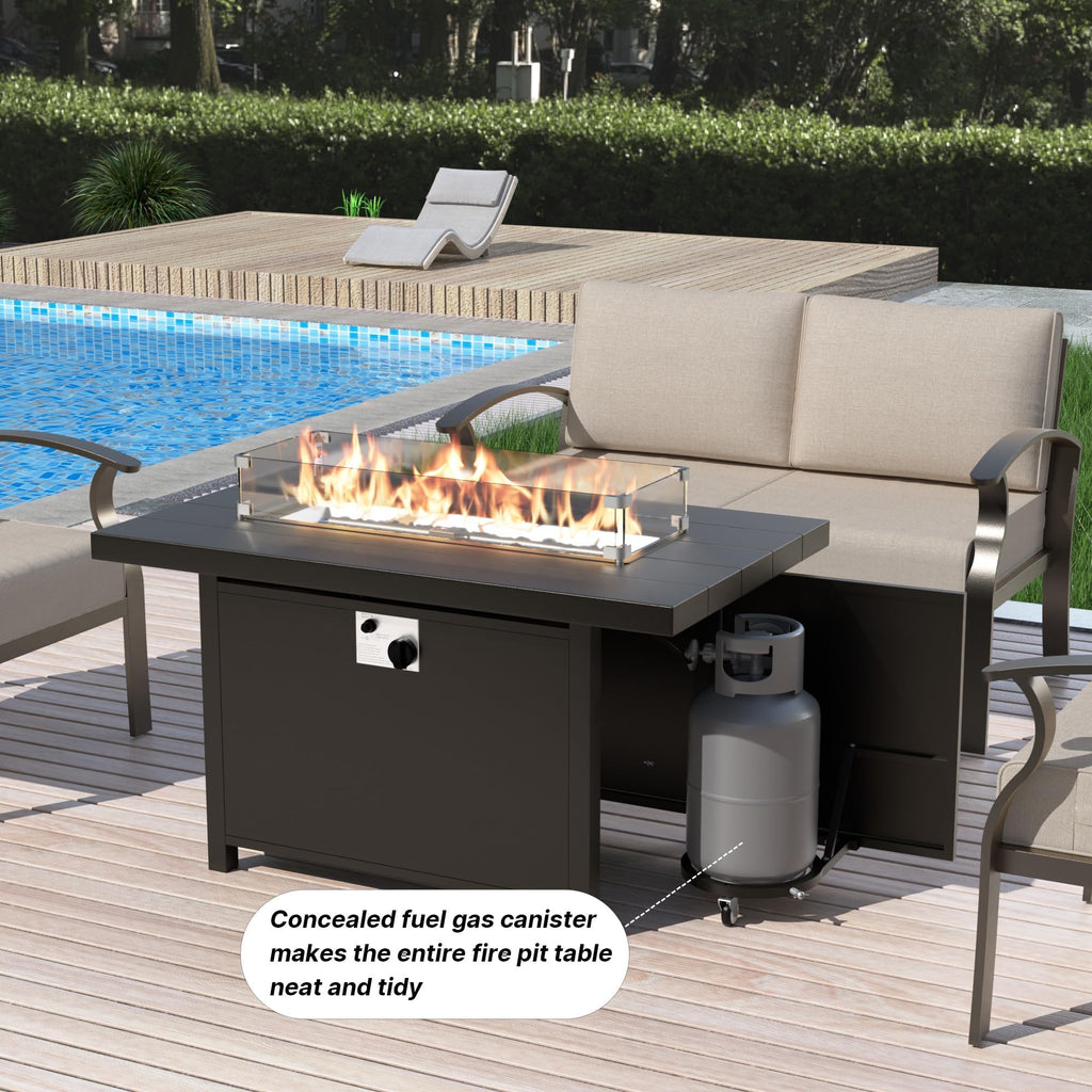 Gotland 8 Seats Outdoor Metal Patio Furniture Set with 2 Swivel Rocking Chairs&55,000 BTU Gas Fire Pit Table w/Glass Wind Guard Patio Conversation Sectional Sofa Sets