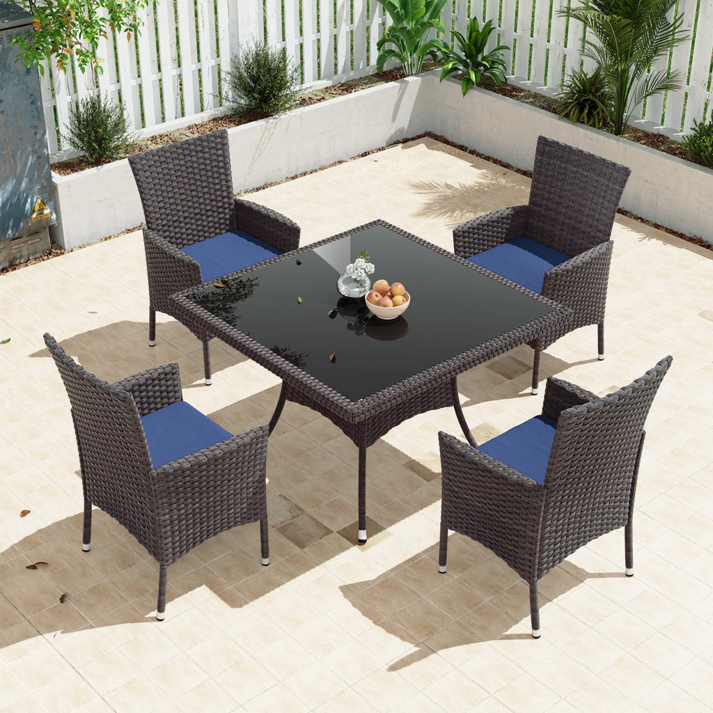Gotland Outdoor Dining Table Set, Garden Patio Rattan Set with w/Tempered Glass Tabletop with Removable Cushions and Umbrella Cutout for Patio, Backyard