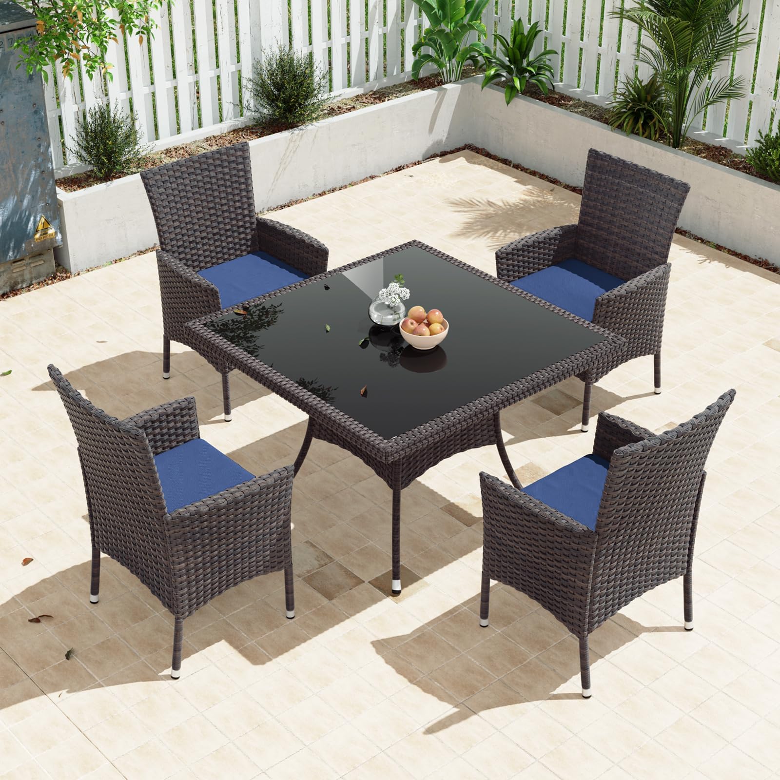 Gotland Outdoor Dining Table Set, Garden Patio Rattan Set with w/Tempered Glass Tabletop with Removable Cushions and Umbrella Cutout for Patio, Backyard