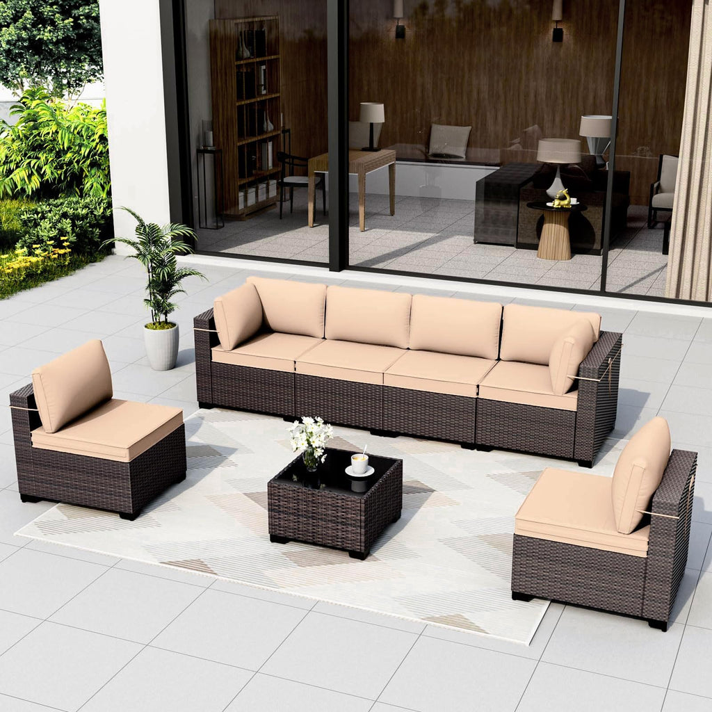 Gotland 7 Piece Outdoor Patio Furniture Sets, Outdoor Furniture Patio Sectional Sofa, All Weather Woven Wicker Patio Sofa Brown PE Rattan Patio Conversation Set