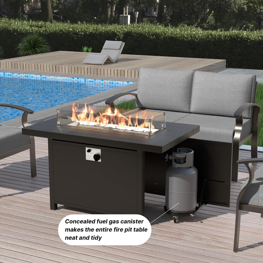 Gotland 8 Seats Outdoor Metal Patio Furniture Set with 2 Swivel Rocking Chairs&55,000 BTU Gas Fire Pit Table w/Glass Wind Guard Patio Conversation Sectional Sofa Sets
