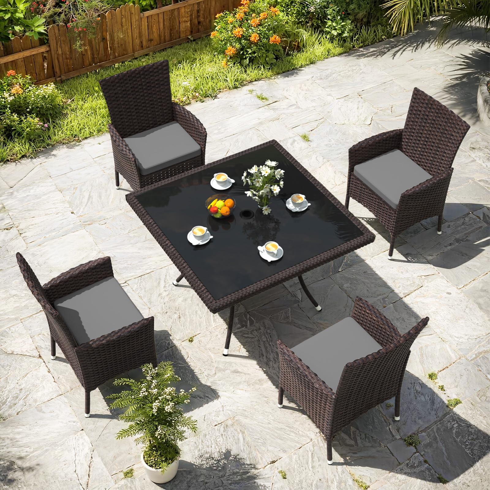Gotland Outdoor Dining Table Set, Garden Patio Rattan Set with w/Tempered Glass Tabletop with Removable Cushions and Umbrella Cutout for Patio, Backyard