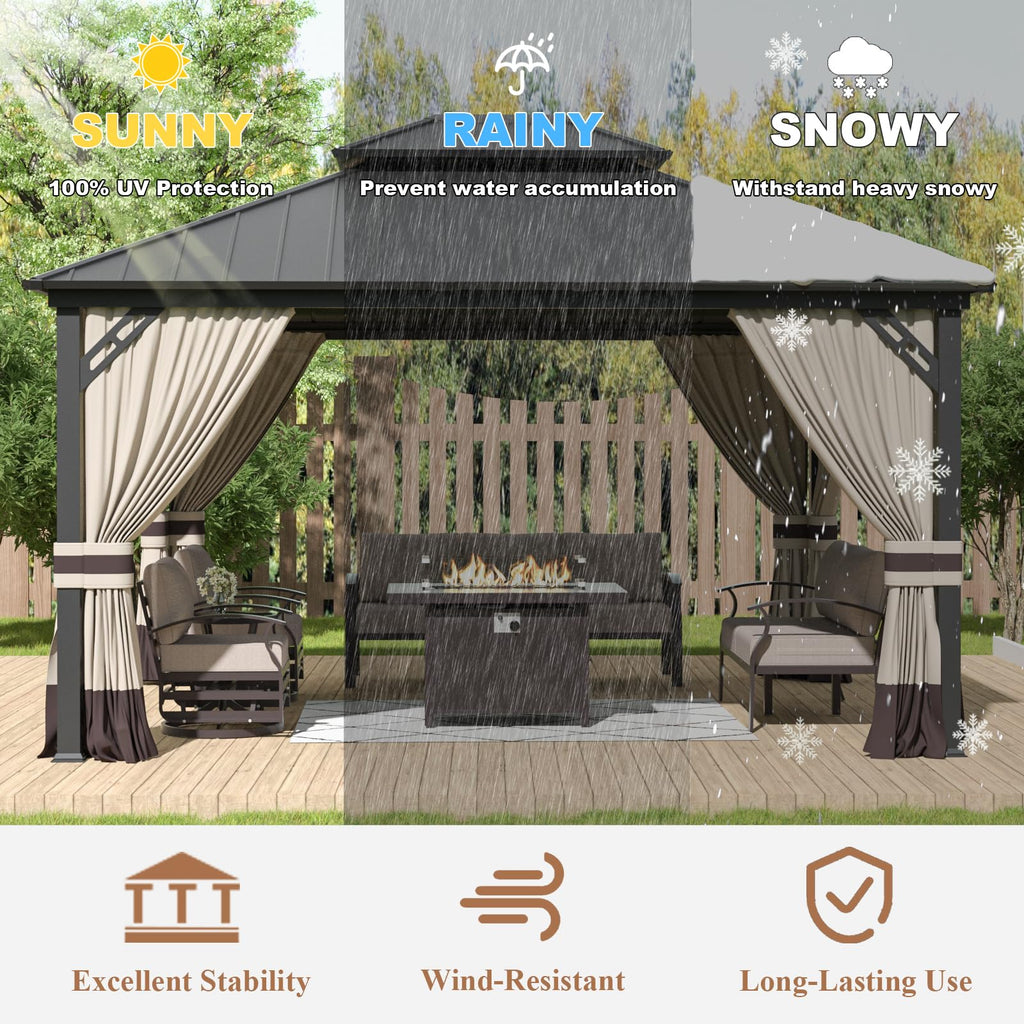 Gotland 12' x 14' Hardtop Gazebo, Outdoor Galvanized Steel Double-Roof Gazebo with Curtains and Netting for Patios, Gardens, and Lawns