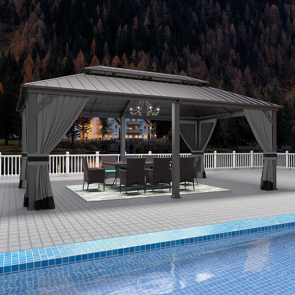 Gotland 12' x 20' Hardtop Gazebo, Outdoor Galvanized Steel Double-Roof Gazebo with Curtains and Netting for Patios, Gardens, and Lawns