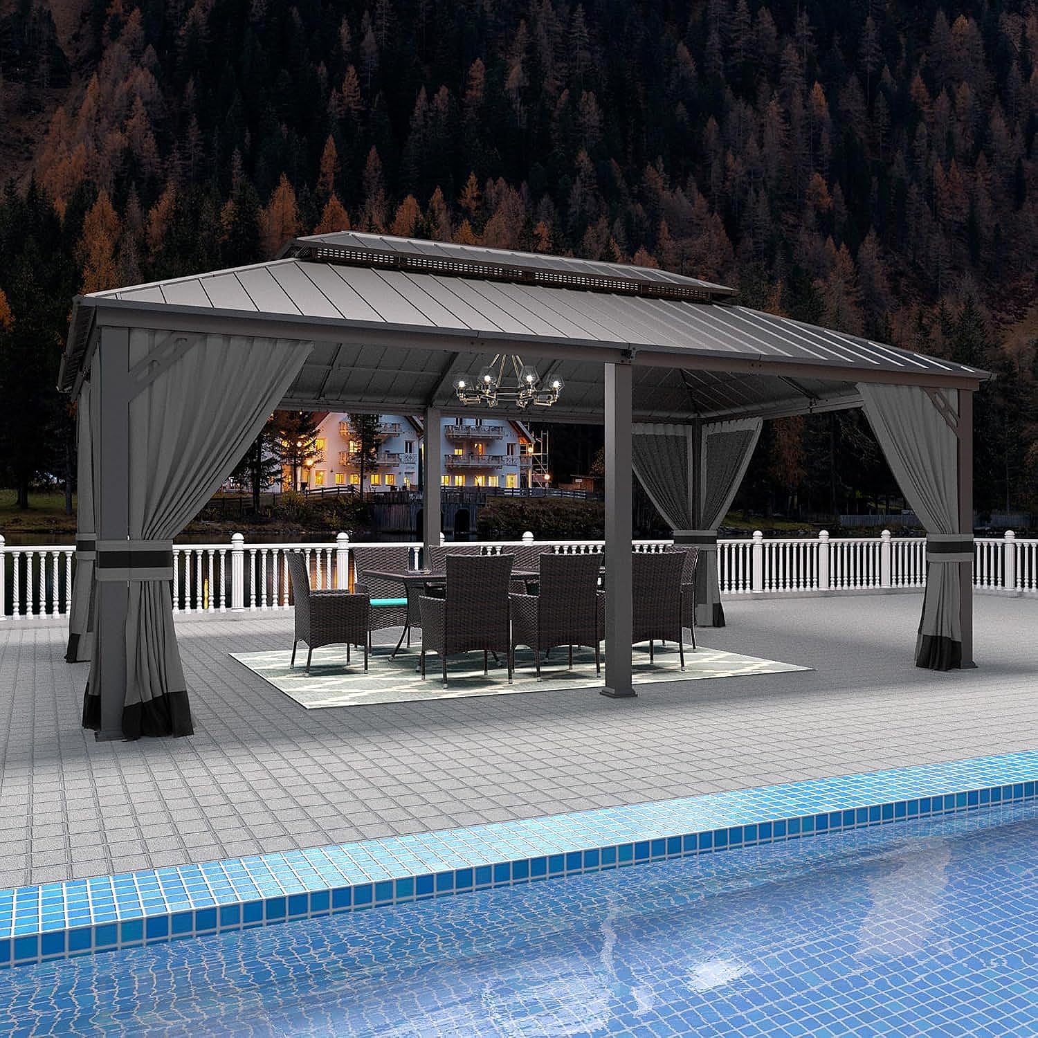 Gotland 12' x 20' Hardtop Gazebo, Outdoor Galvanized Steel Double-Roof Gazebo with Curtains and Netting for Patios, Gardens, and Lawns
