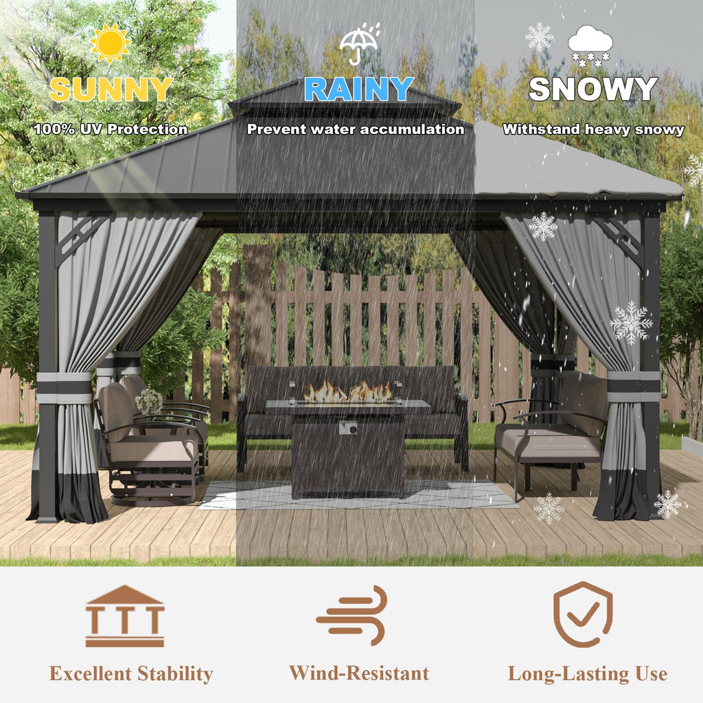 Gotland 12' x 14' Hardtop Gazebo, Outdoor Galvanized Steel Double-Roof Gazebo with Curtains and Netting for Patios, Gardens, and Lawns