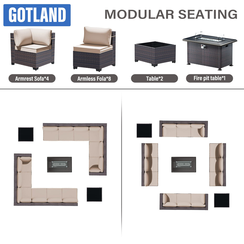 Gotland 15 Pieces Outdoor Patio Furniture Set with Propane Fire Pit Table Outdoor Sectional Sofa