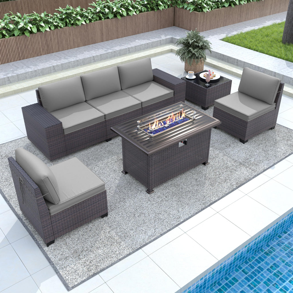 Gotland Outdoor Patio Furniture Set with 43" Propane Fire Pit Table, 7 Pieces Outdoor Furniture Patio Sectional Sofa Conversation Sets