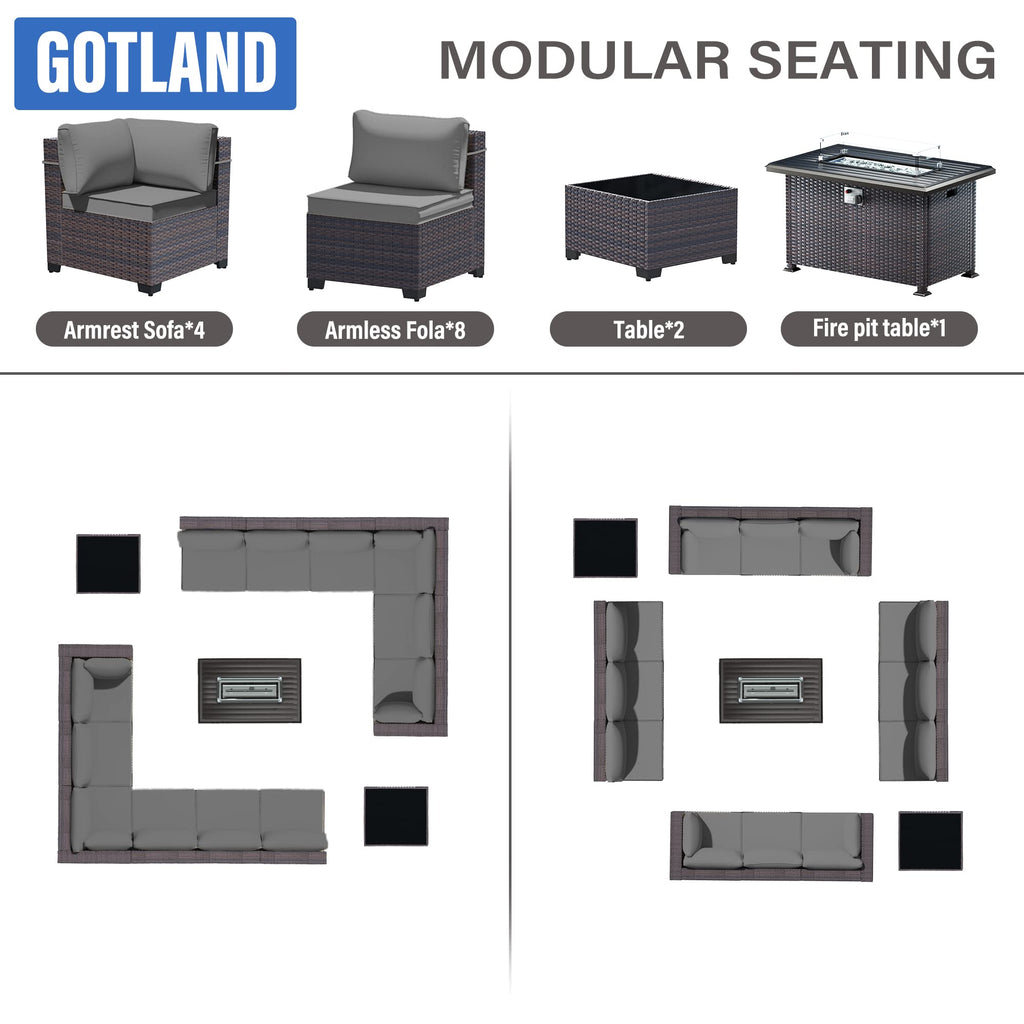Gotland 15 Pieces Outdoor Patio Furniture Set with Propane Fire Pit Table Outdoor Sectional Sofa