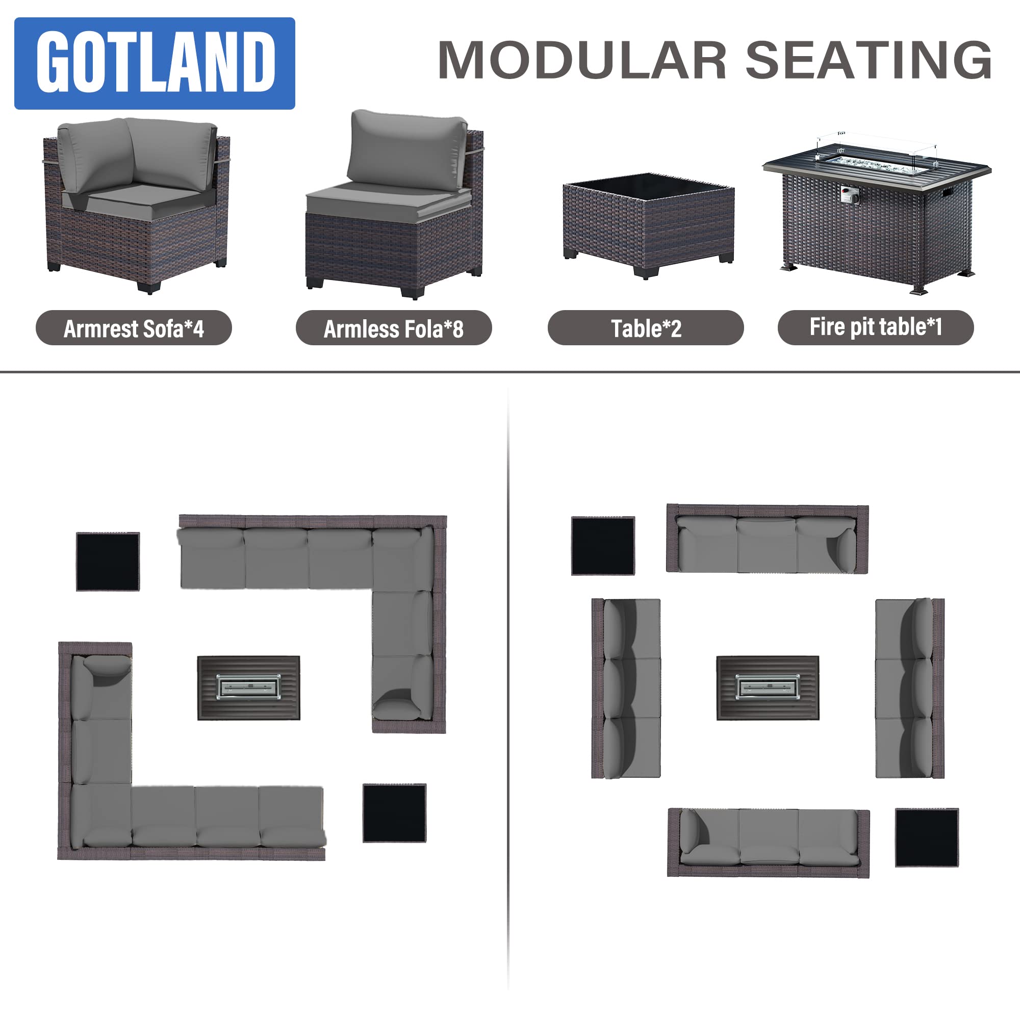 Gotland 15 Pieces Outdoor Patio Furniture Set with Propane Fire Pit Table Outdoor Sectional Sofa