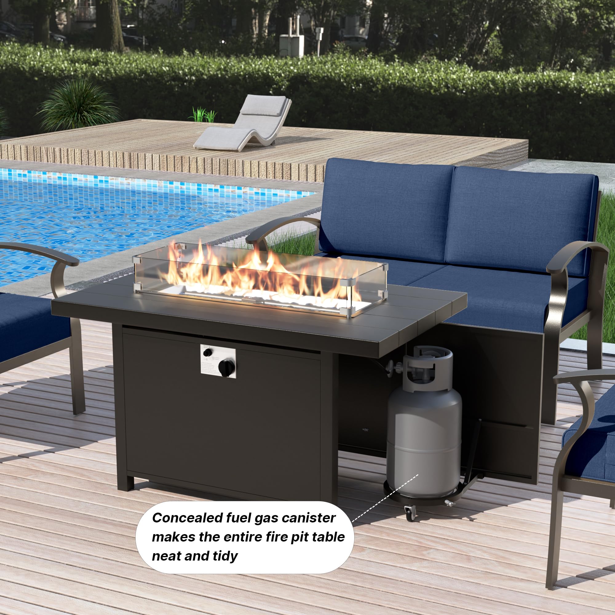 Gotland 8 Seats Outdoor Metal Patio Furniture Set with 2 Swivel Rocking Chairs&55,000 BTU Gas Fire Pit Table w/Glass Wind Guard Patio Conversation Sectional Sofa Sets