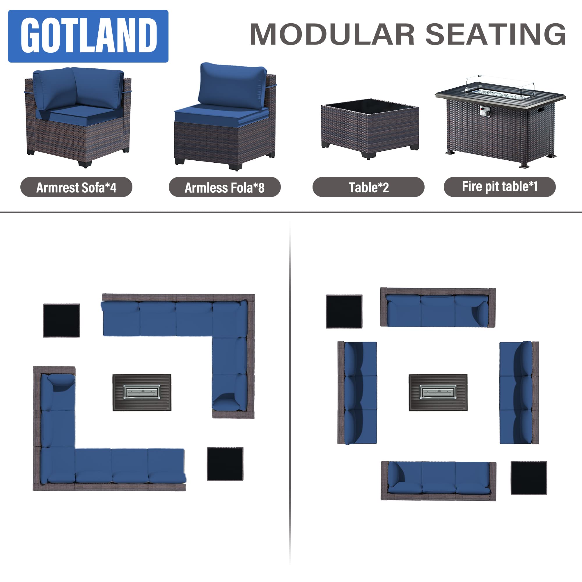 Gotland 15 Pieces Outdoor Patio Furniture Set with Propane Fire Pit Table Outdoor Sectional Sofa