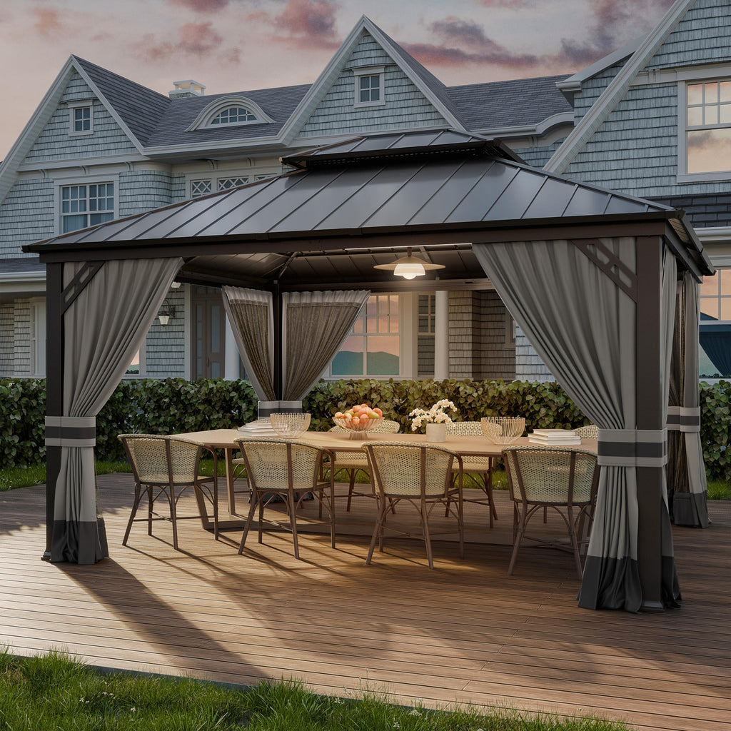Gotland 12' x 14' Hardtop Gazebo, Outdoor Galvanized Steel Double-Roof Gazebo with Curtains and Netting for Patios, Gardens, and Lawns