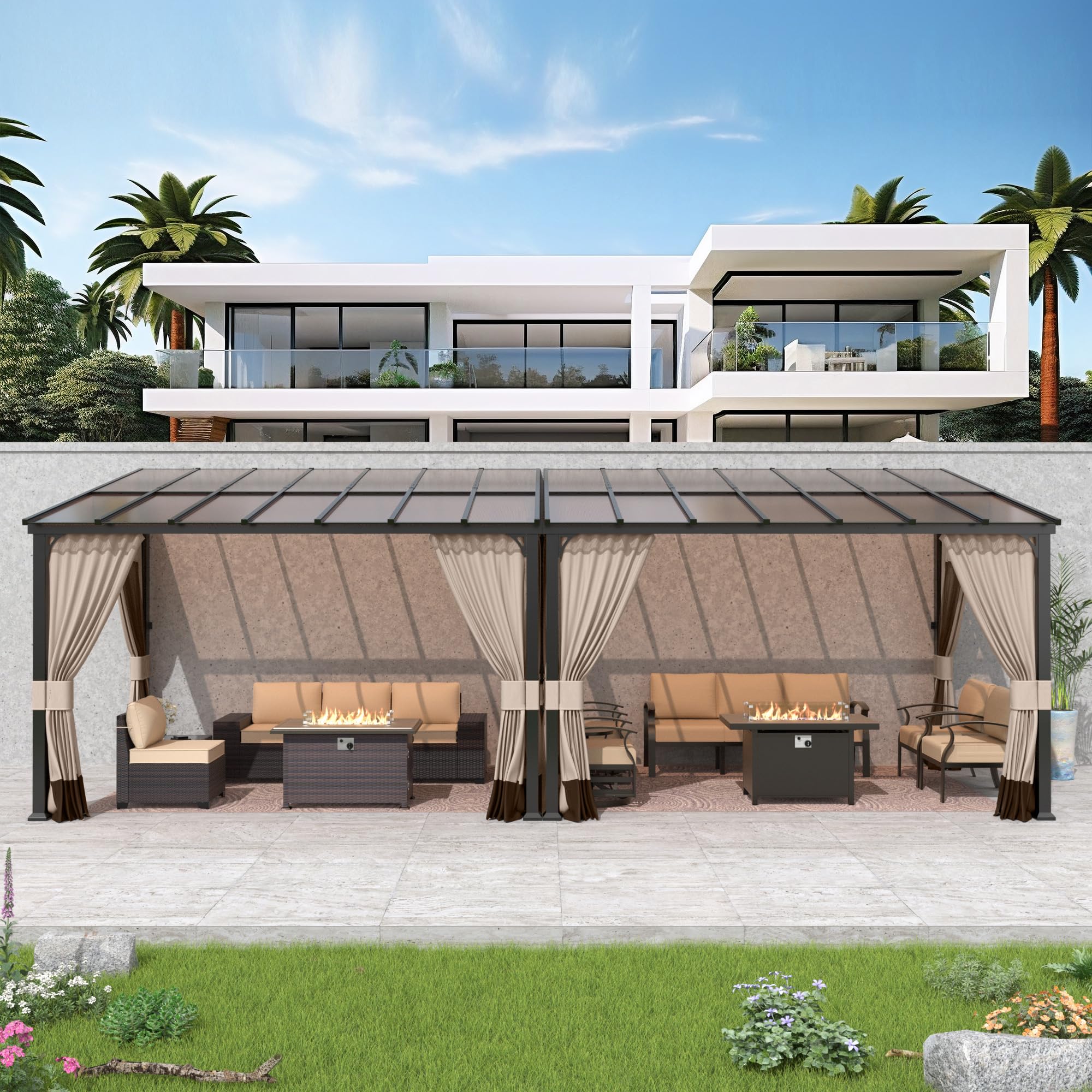 Gotland 10' × 24' Hardtop Gazebo for Patio,Wall-Mounted Lean to Gazebo Pergola with Sloping Roof and Durable Steel Frame,Large Heavy Duty Awnings for Decks,Backyard