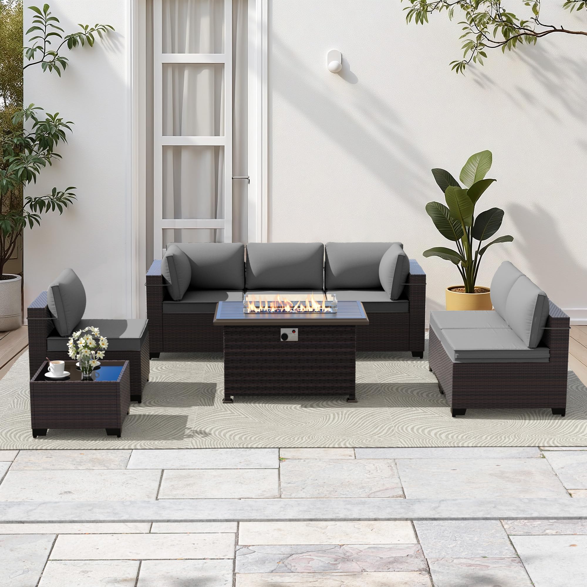 Gotland 8 Pieces Outdoor Patio Furniture Set with 43" Propane Fire Pit Table, PE Rattan Patio Conversation Set