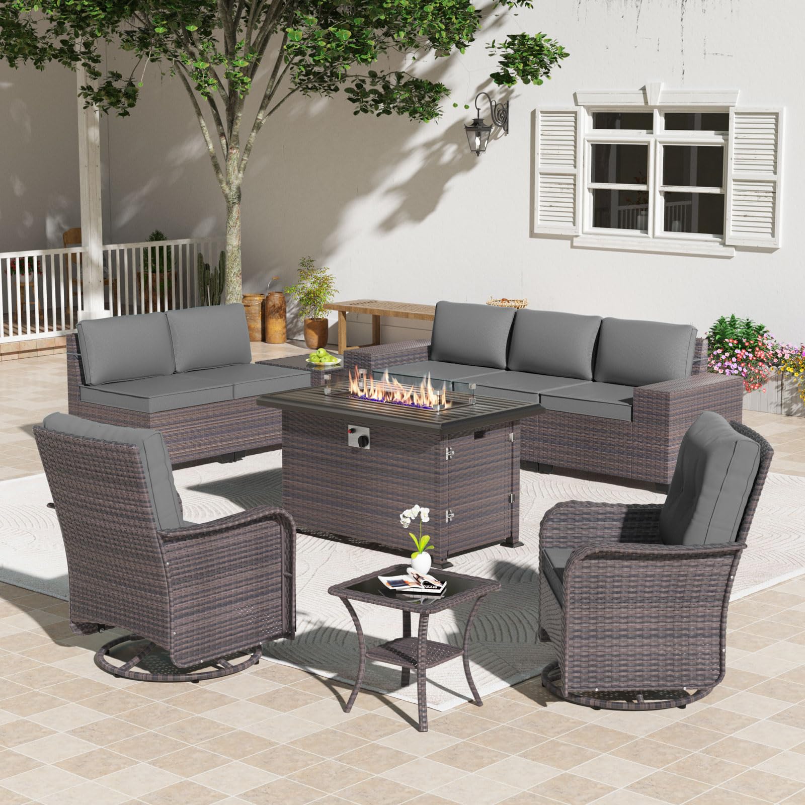 Gotland 10PCS Outdoor PE Rattan Wicker Patio Furniture Set with 43" Fire Pit Table & Swivel Rocking Chairs Set
