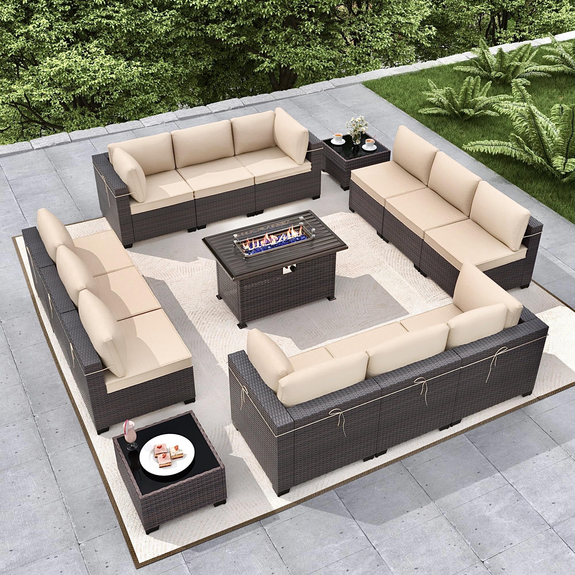 Gotland 15 Pieces Outdoor Patio Furniture Set with Propane Fire Pit Table Outdoor Sectional Sofa