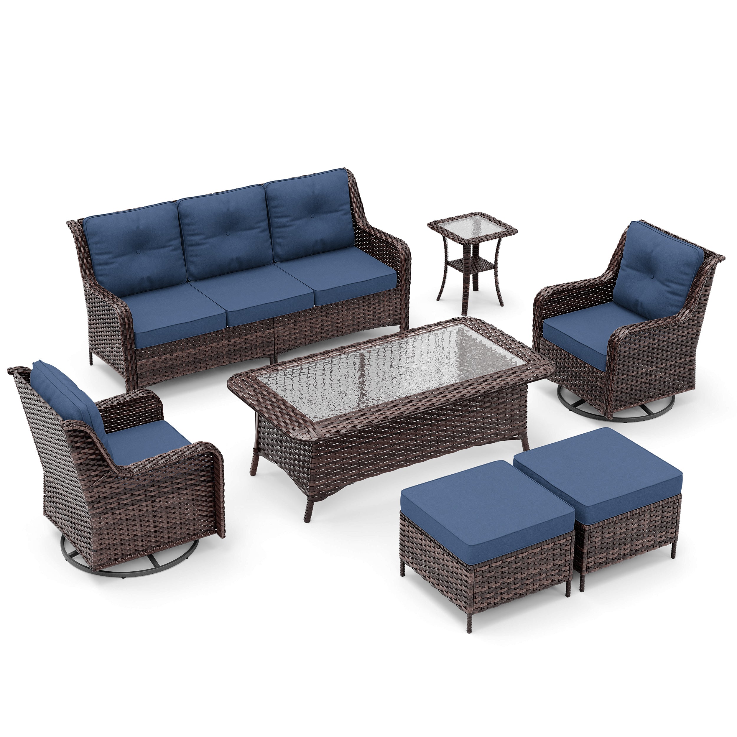 3-Seat Modern Outdoor Furniture Set - Weatherproof Woven Rattan Patio Furniture Set with High Back, Thick Cushions & Coffee Table for Porch, Backyard
