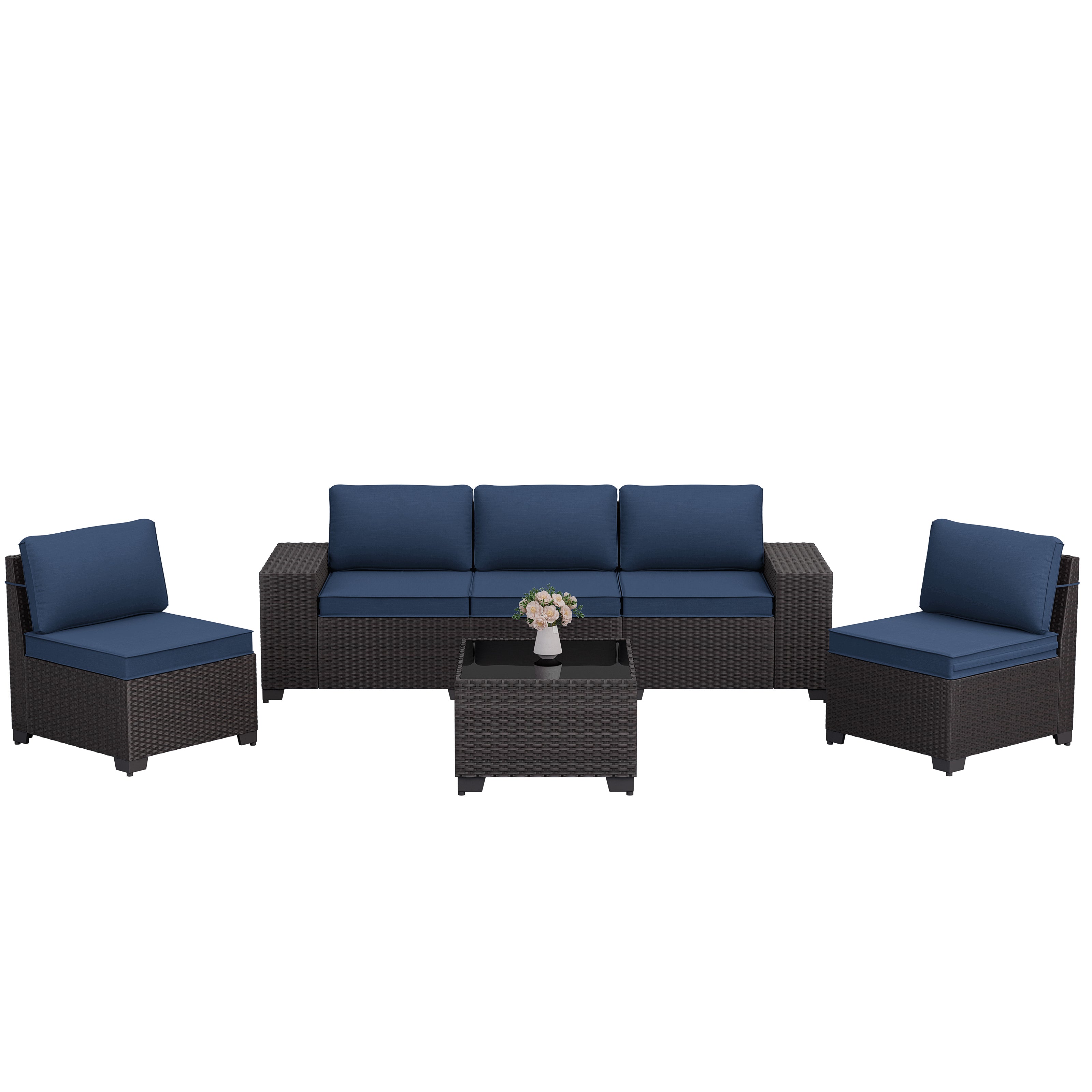 Kullavik Modern Outdoor Wicker Sofa Set PE Rattan Sectional 6 Pieces Patio Furniture - Brown All-Weather Conversation Set for Porch, Pool Deck, Garden Lounge