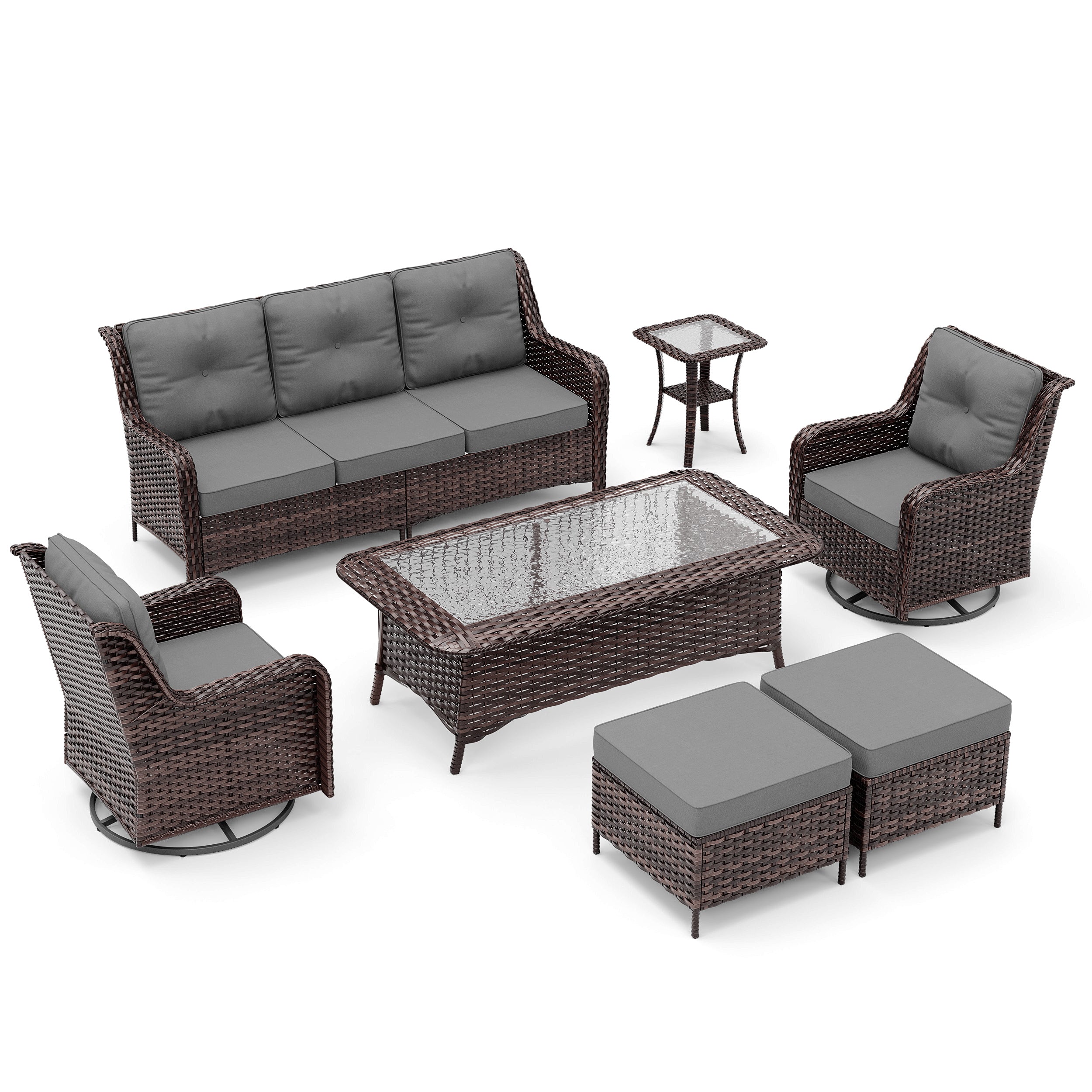 3-Seat Modern Outdoor Furniture Set - Weatherproof Woven Rattan Patio Furniture Set with High Back, Thick Cushions & Coffee Table for Porch, Backyard