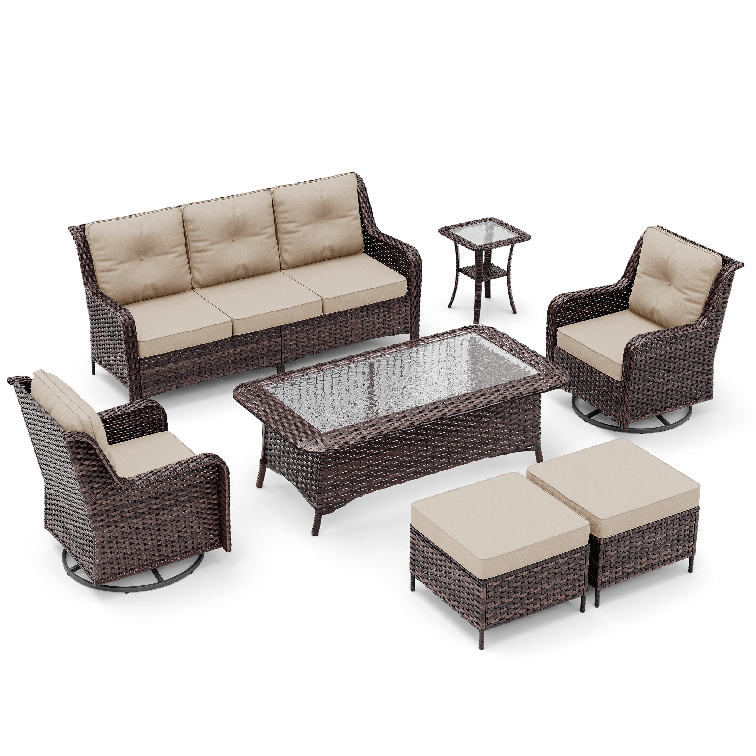 3-Seat Modern Outdoor Furniture Set - Weatherproof Woven Rattan Patio Furniture Set with High Back, Thick Cushions & Coffee Table for Porch, Backyard