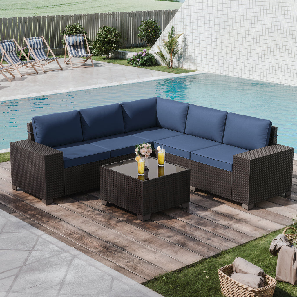 Kullavik Modern Outdoor Wicker Sofa Set PE Rattan Sectional 6 Pieces Patio Furniture - Brown All-Weather Conversation Set for Porch, Pool Deck, Garden Lounge