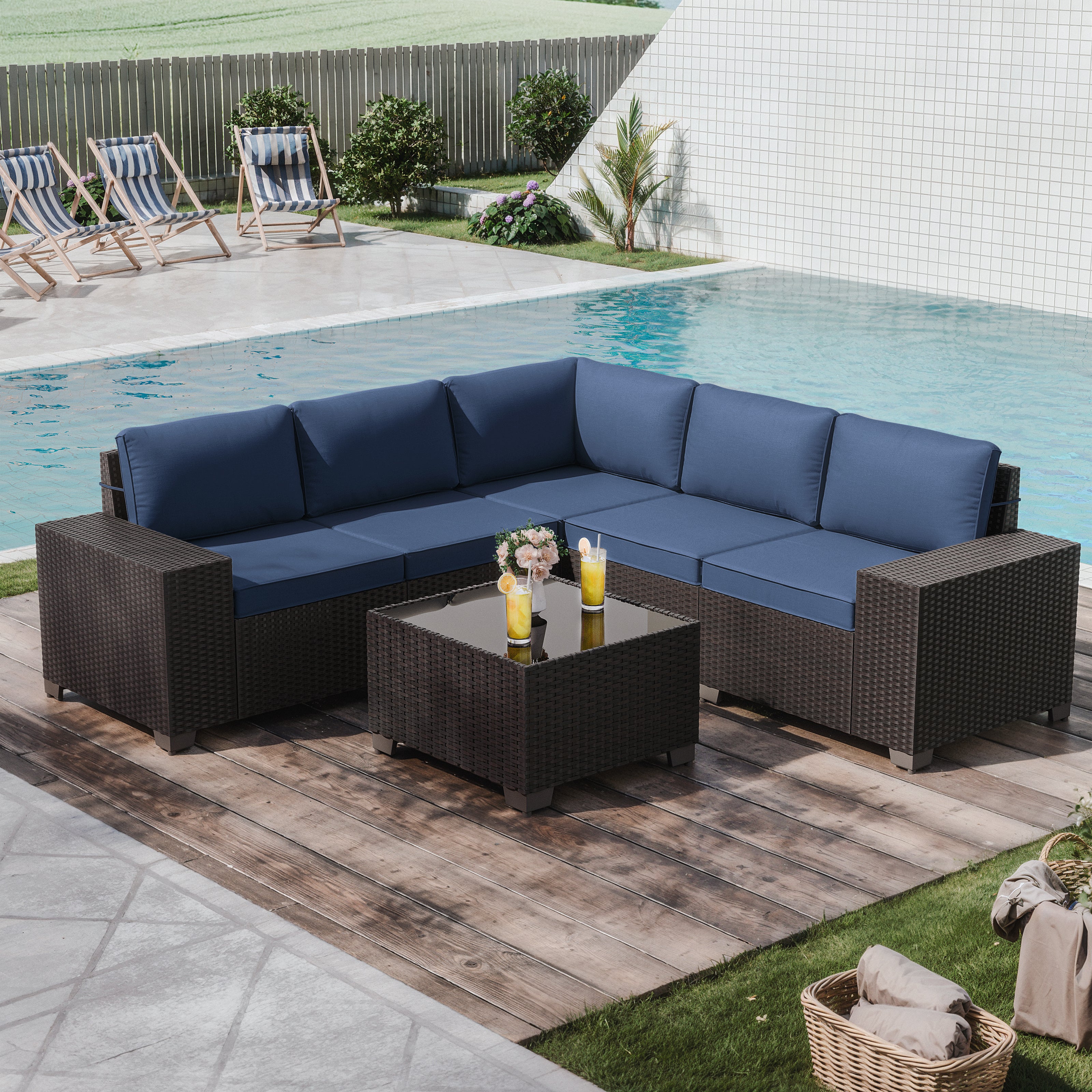 Kullavik Modern Outdoor Wicker Sofa Set PE Rattan Sectional 6 Pieces Patio Furniture - Brown All-Weather Conversation Set for Porch, Pool Deck, Garden Lounge