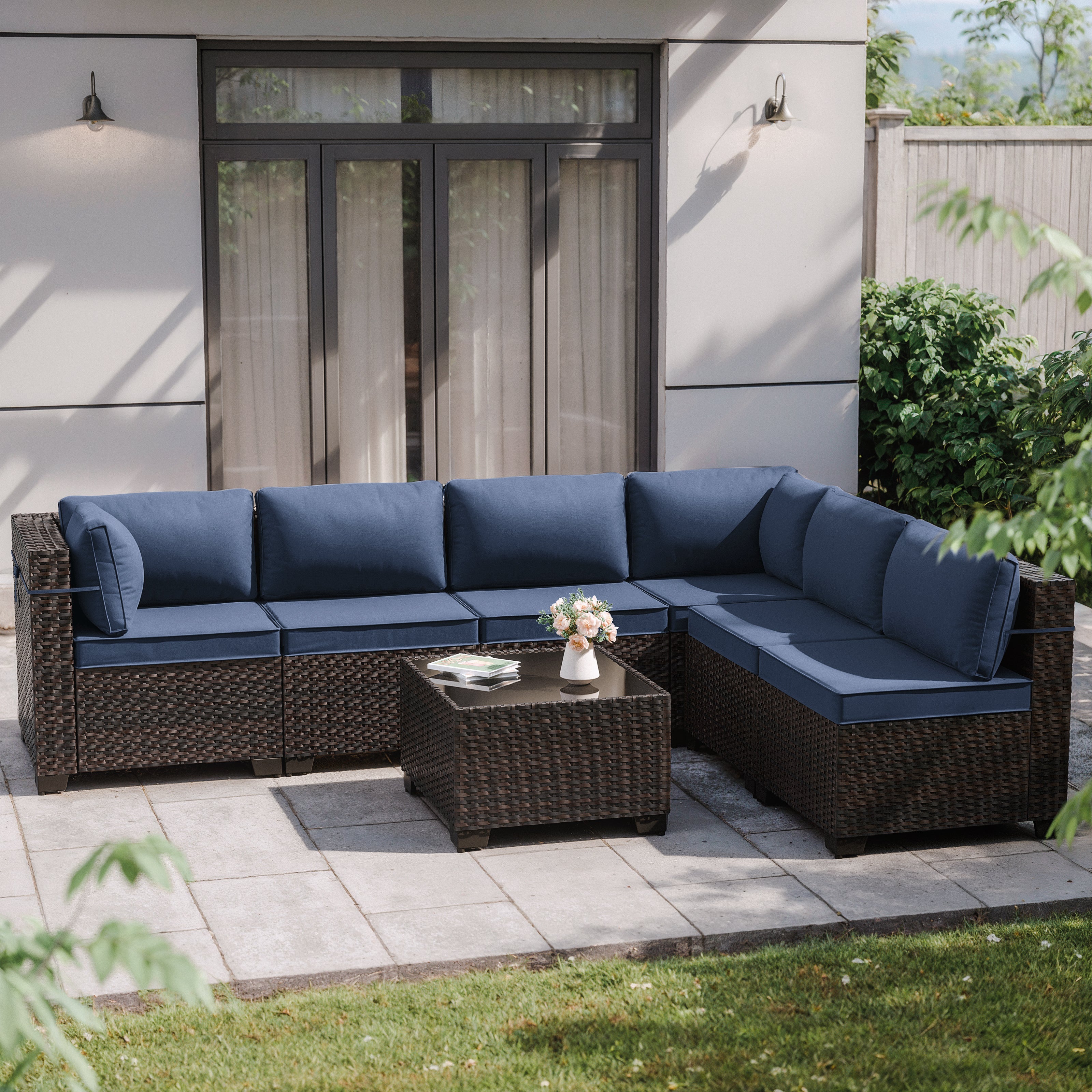 Kullavik 6 Pieces Patio Furniture Sets All Weather Outdoor Sectional Sofa Manual Weaving Wicker Rattan Patio Conversation Set with Cushion and Glass Table
