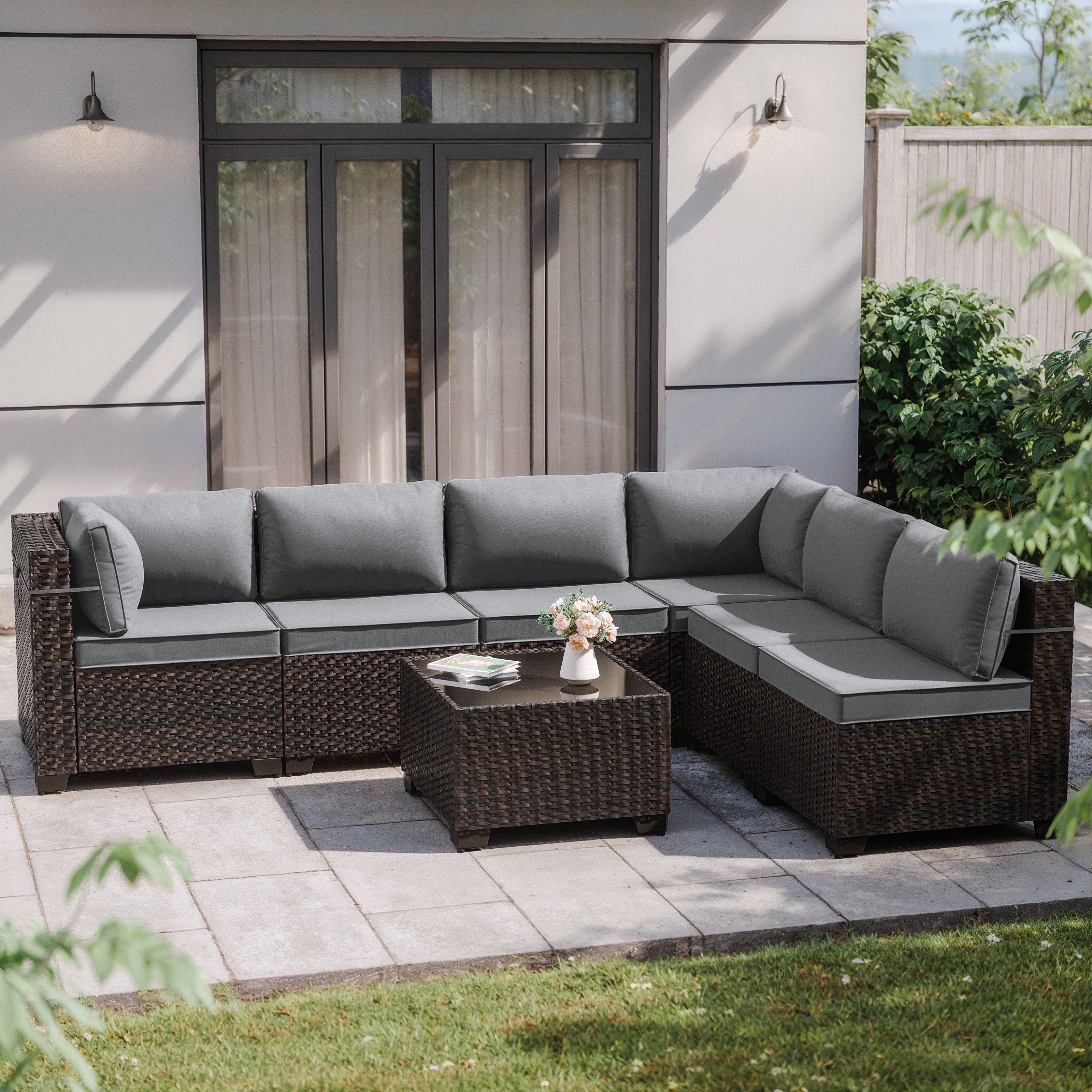 Kullavik 6 Pieces Patio Furniture Sets All Weather Outdoor Sectional Sofa Manual Weaving Wicker Rattan Patio Conversation Set with Cushion and Glass Table