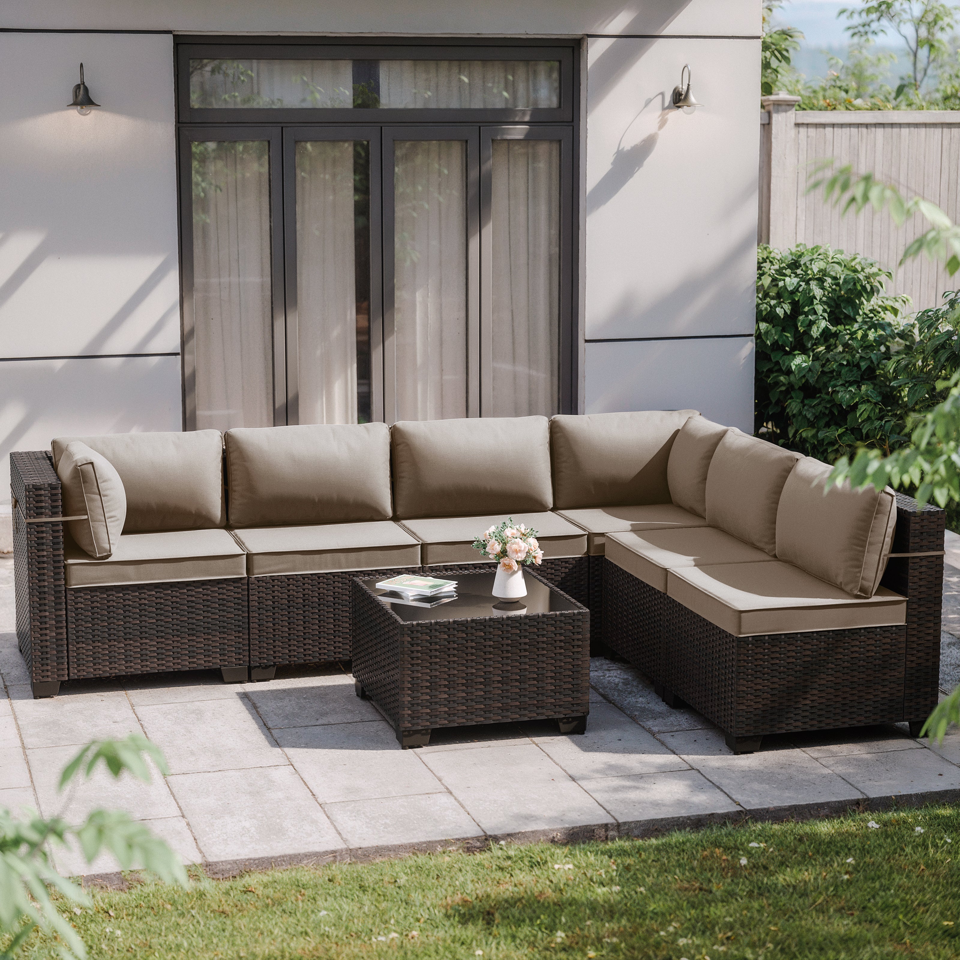Kullavik 6 Pieces Patio Furniture Sets All Weather Outdoor Sectional Sofa Manual Weaving Wicker Rattan Patio Conversation Set with Cushion and Glass Table
