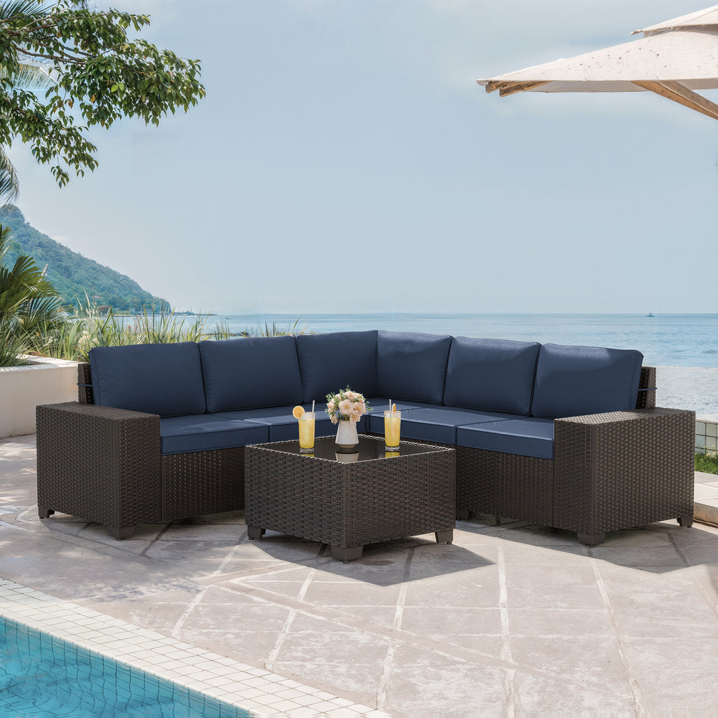 Kullavik Modern Outdoor Wicker Sofa Set PE Rattan Sectional 6 Pieces Patio Furniture - Brown All-Weather Conversation Set for Porch, Pool Deck, Garden Lounge