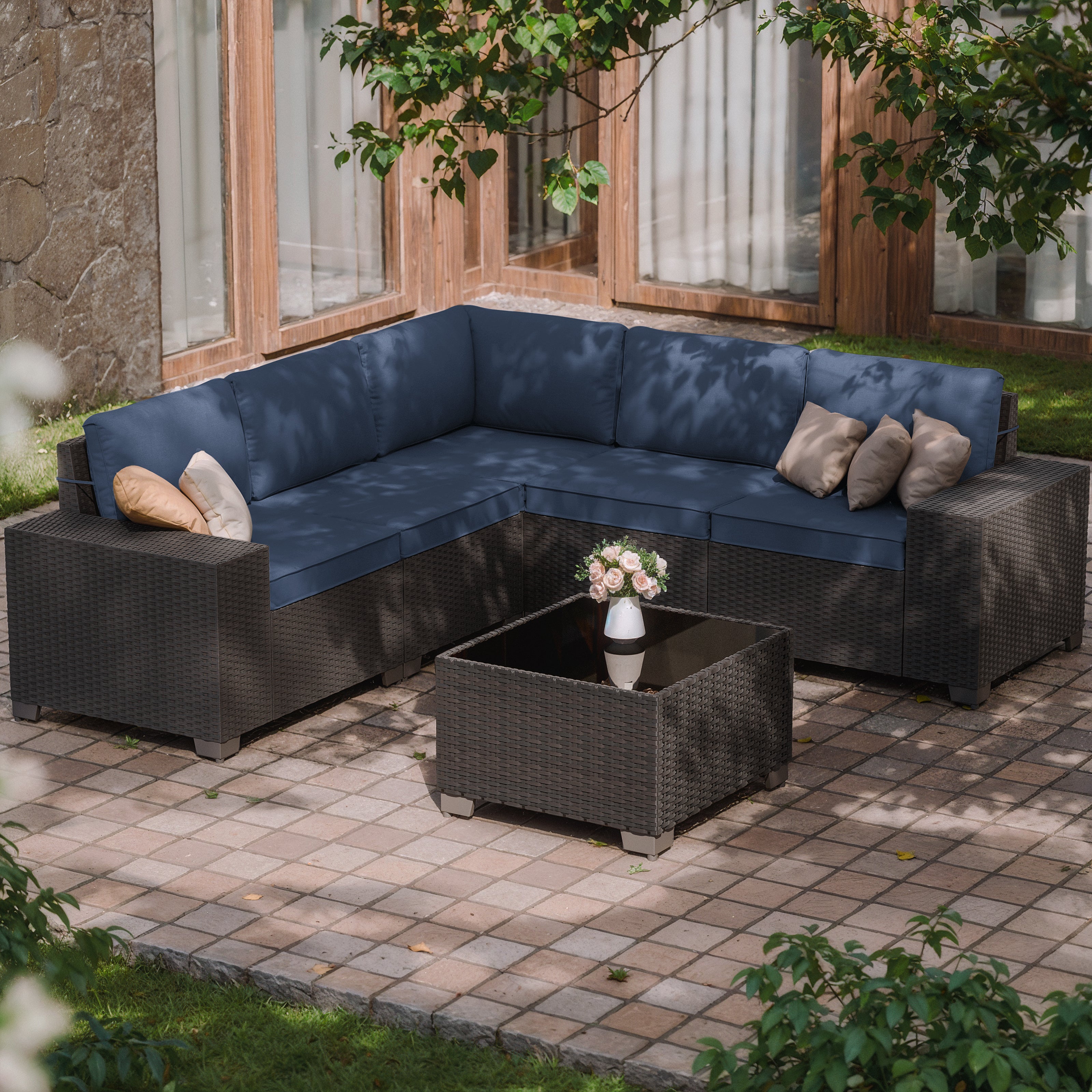 Kullavik Modern Outdoor Wicker Sofa Set PE Rattan Sectional 6 Pieces Patio Furniture - Brown All-Weather Conversation Set for Porch, Pool Deck, Garden Lounge