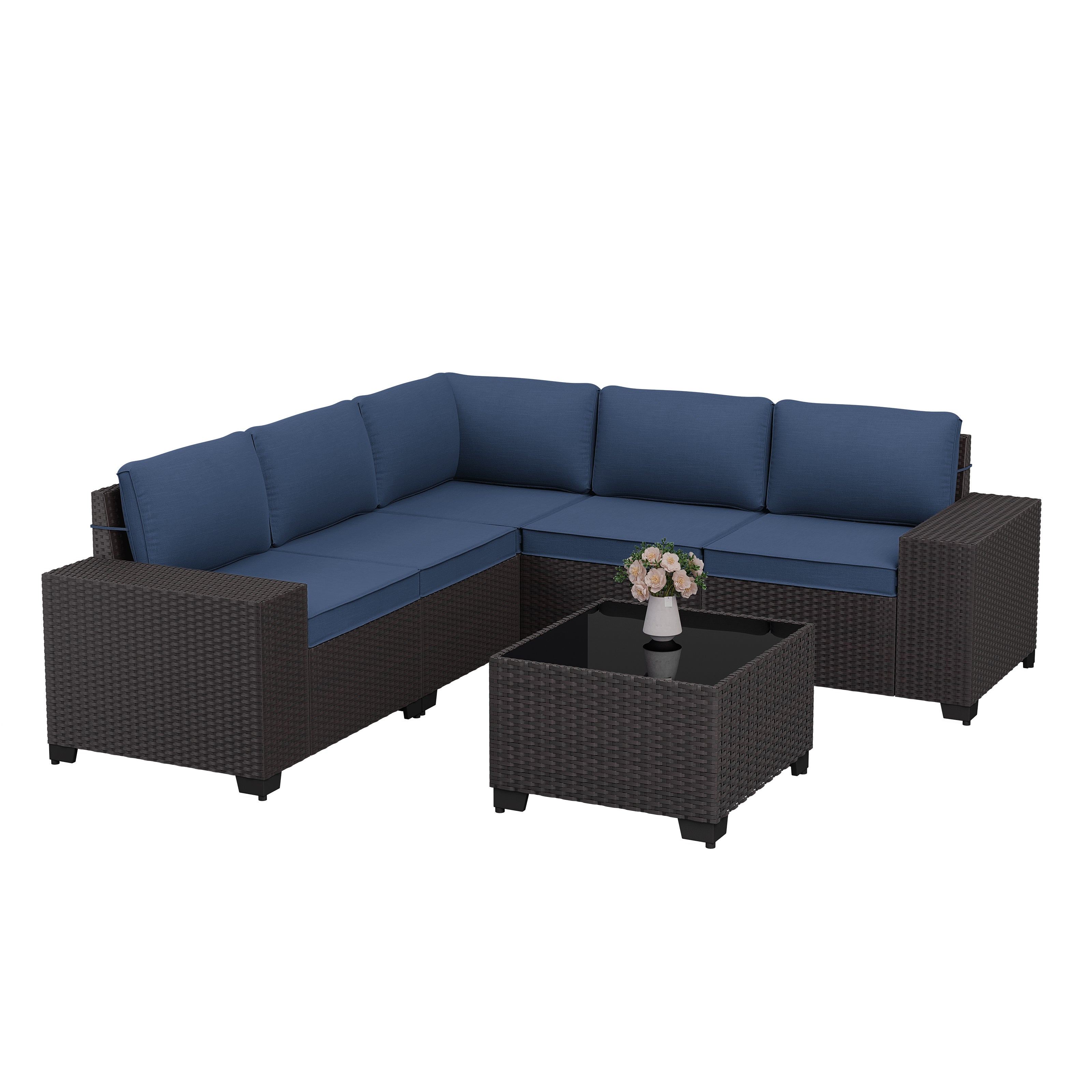 Kullavik Modern Outdoor Wicker Sofa Set PE Rattan Sectional 6 Pieces Patio Furniture - Brown All-Weather Conversation Set for Porch, Pool Deck, Garden Lounge