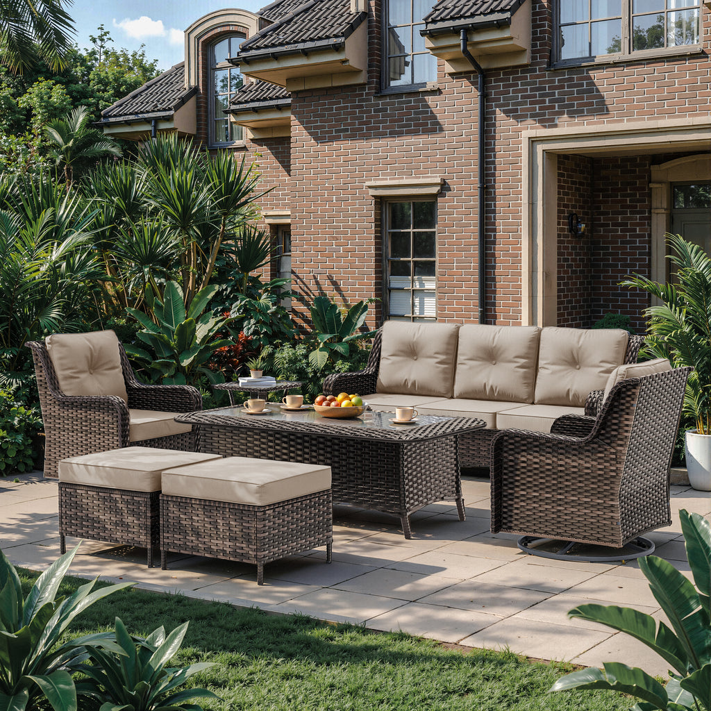 3-Seat Modern Outdoor Furniture Set - Weatherproof Woven Rattan Patio Furniture Set with High Back, Thick Cushions & Coffee Table for Porch, Backyard