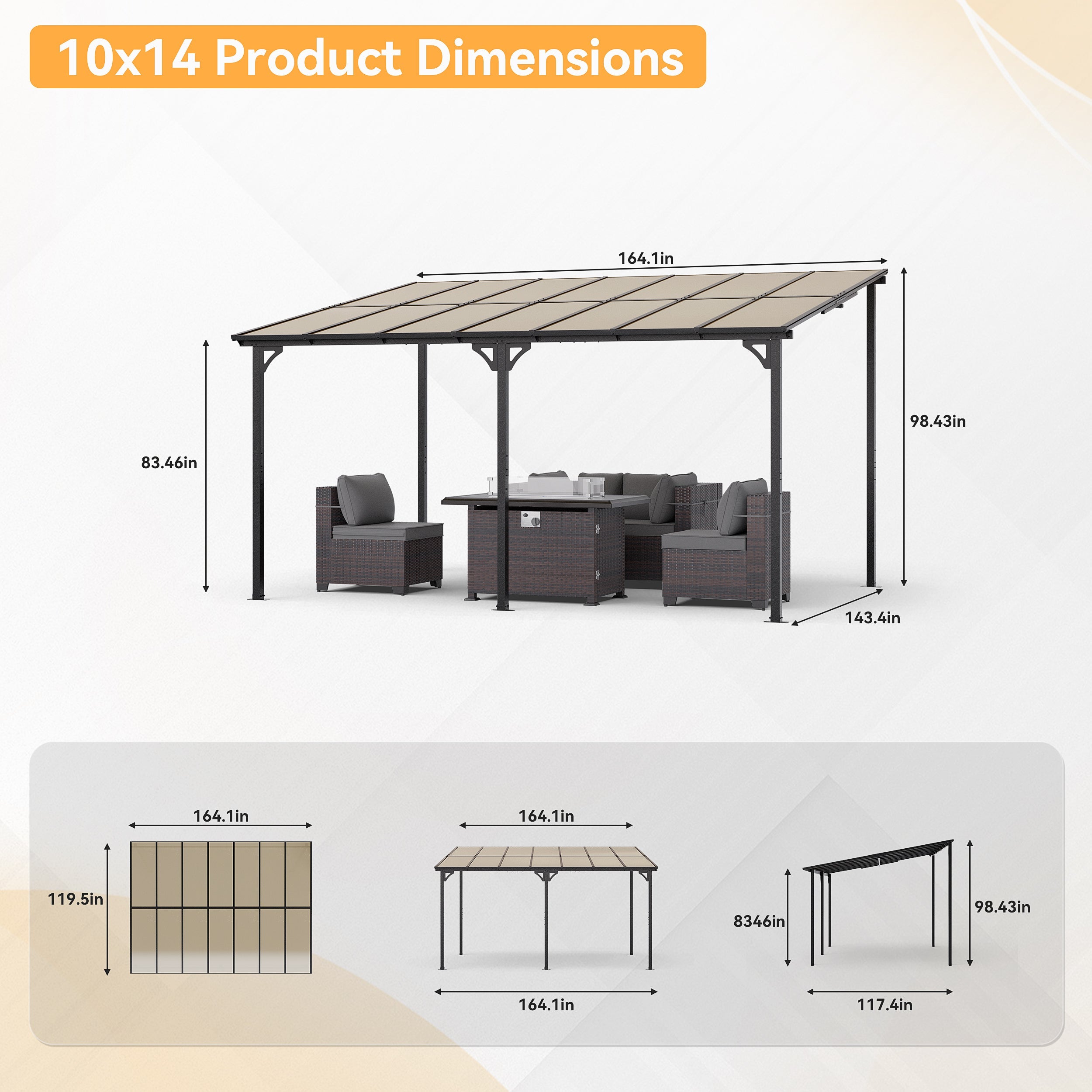 Gotland 5 FT x 8 FT Pergola, Lean to Gazebo with Ground Anchor Sturdy Structure, Outdoor Gazebo with Sloped Roof, Galvanized Steel Metal Pergola, Wall Mounted Gazebo for Backyard Deck